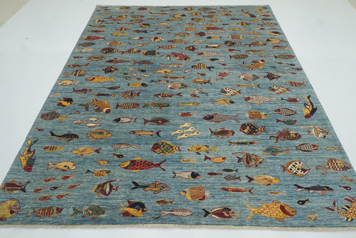 8x10 Blue Fish Gabbeh Hand-Knotted Afghan Wool Area Rug - Yildiz Rugs
