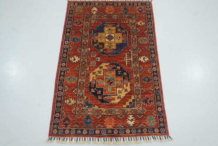 3x4 Red Ersari Hand Knotted Afghan Wool Oriental Rug - Yildiz Rugs