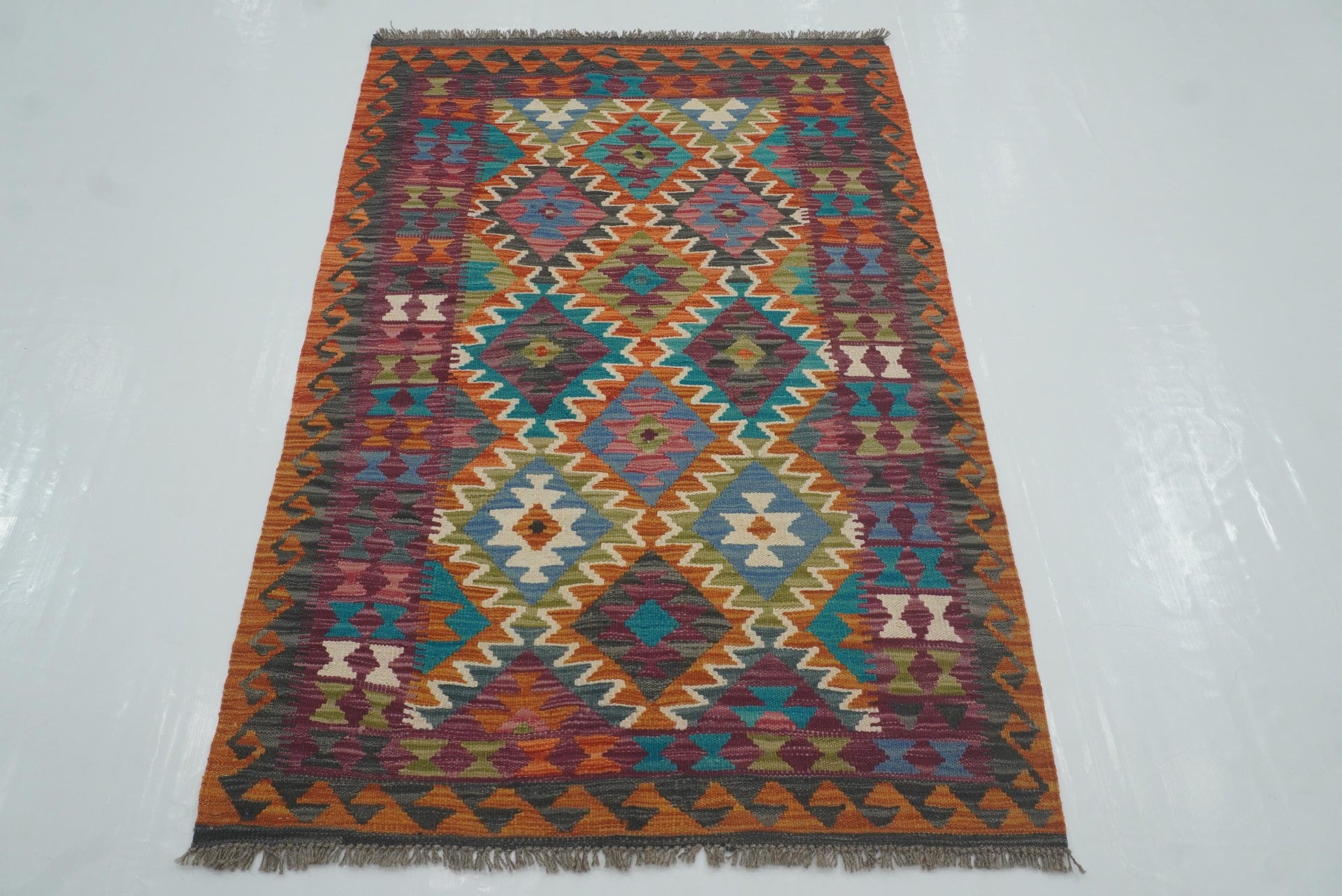 3x5 Orange Afghan Handmade Geometric Kilim Rug