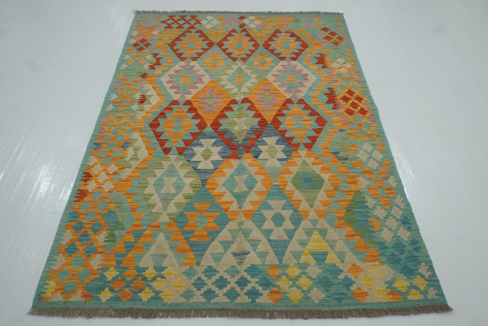 5x7 Turquoise Blue Afghan Handmade Geometric Kilim Rug