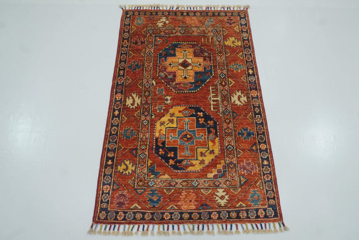 3x4 Red Ersari Hand Knotted Afghan Wool Oriental Rug - Yildiz Rugs