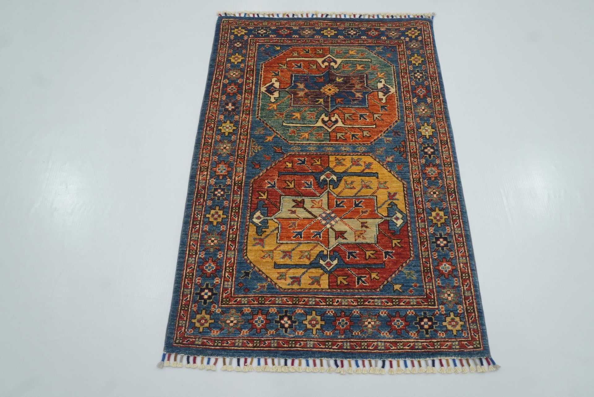 3x4 Blue Afghan Ersari Hand-Knotted Wool Oriental Rug - Yildiz Rugs