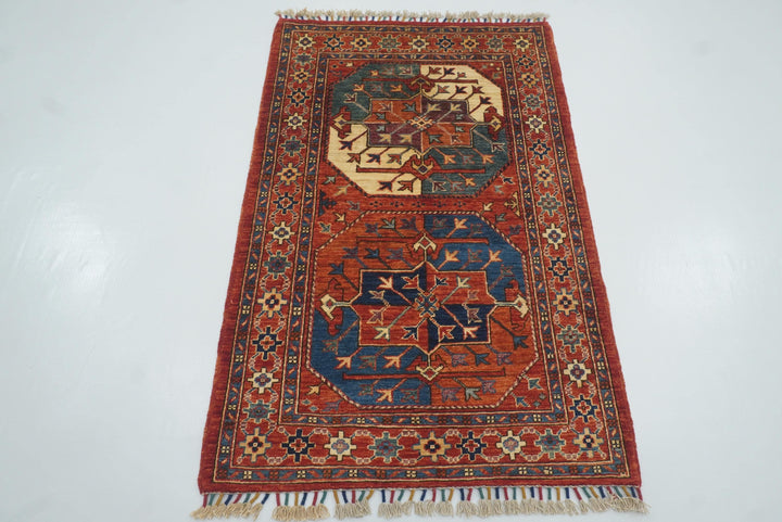 3x4 Red Ersari Hand Knotted Afghan Wool Oriental Rug - Yildiz Rugs