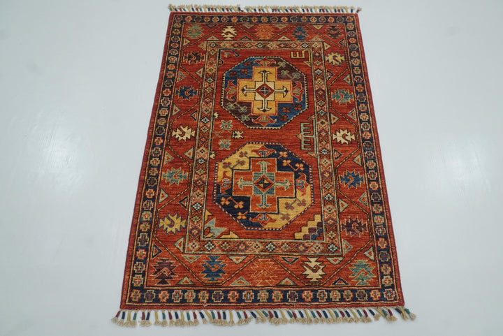 3x4 Red Ersari Hand Knotted Afghan Wool Oriental Rug - Yildiz Rugs