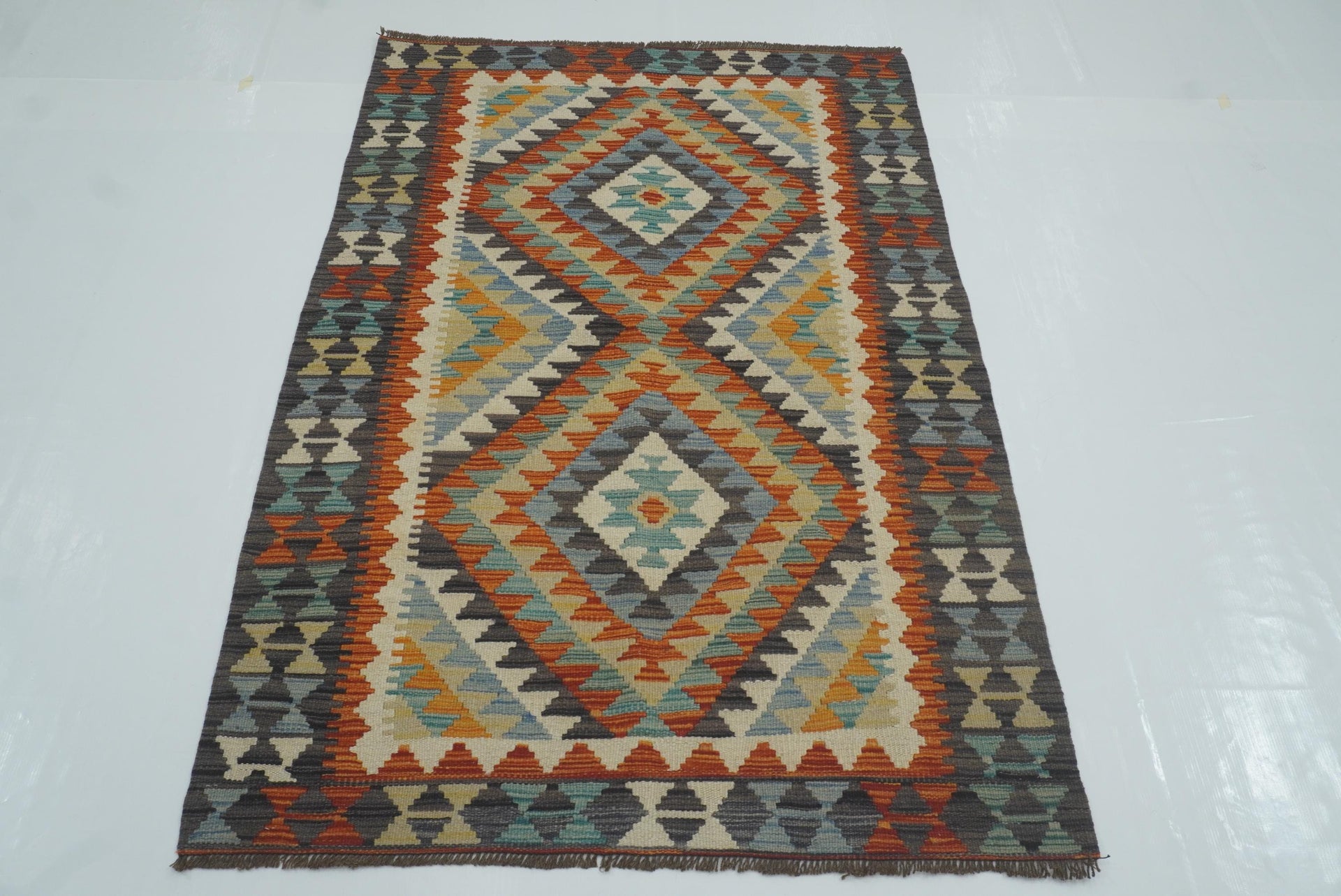 3x5 Gray Afghan Handmade Geometric Kilim Rug