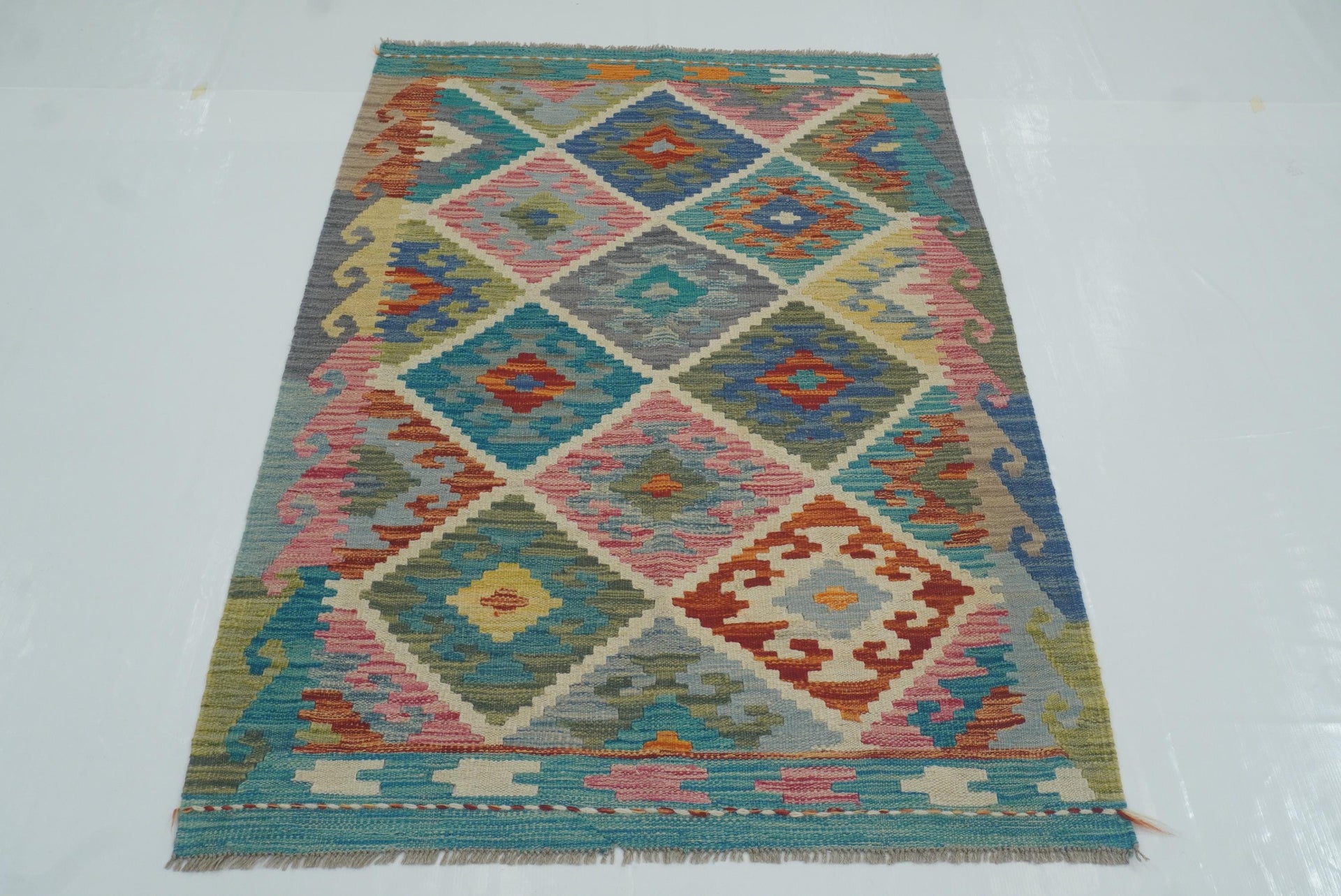 3x5 Turquoise Blue Afghan Handmade Geometric Kilim Rug