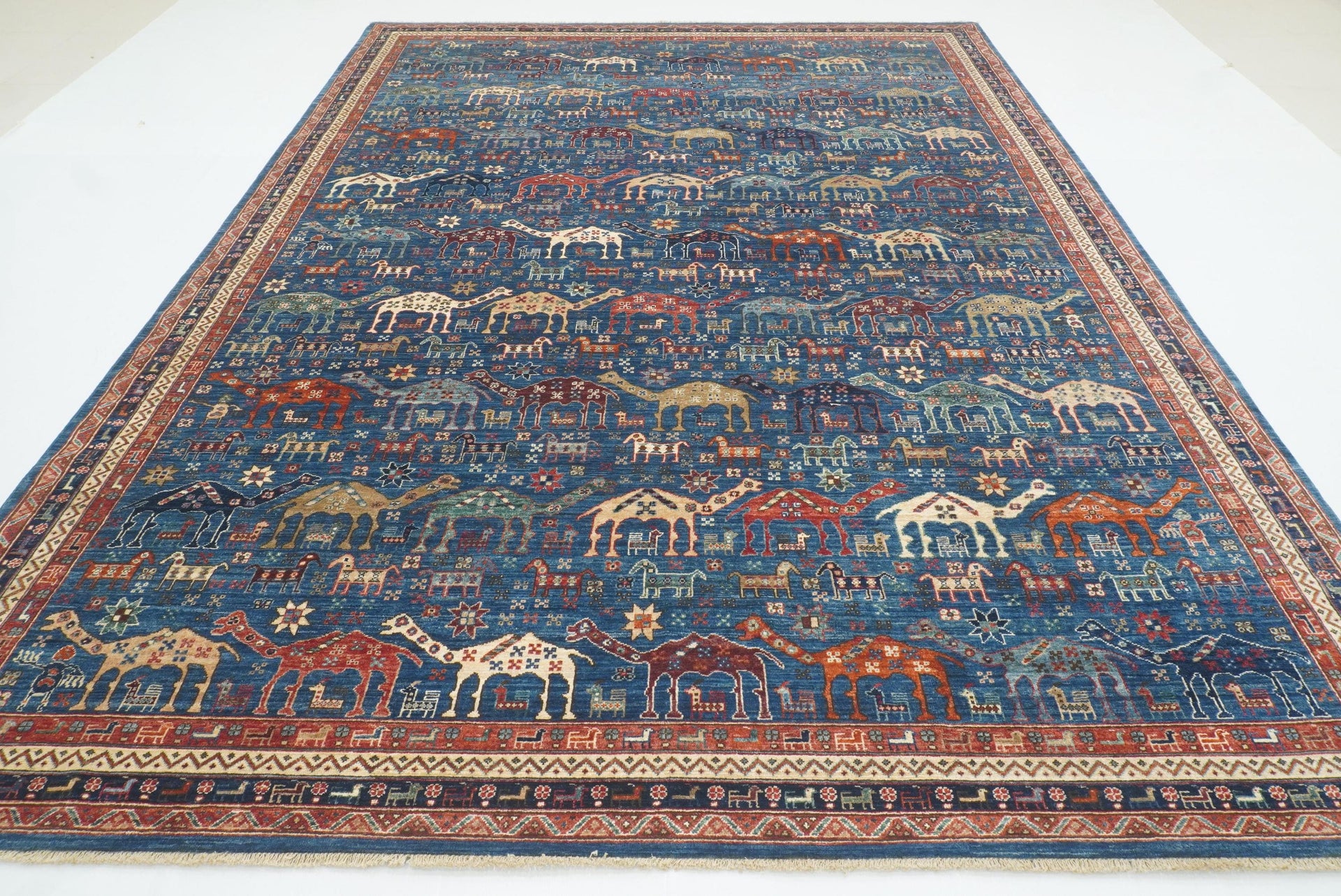 9x12 Blue Tribal Gabbeh Hand-Knotted Afghan Wool Animal Rug - Yildiz Rugs