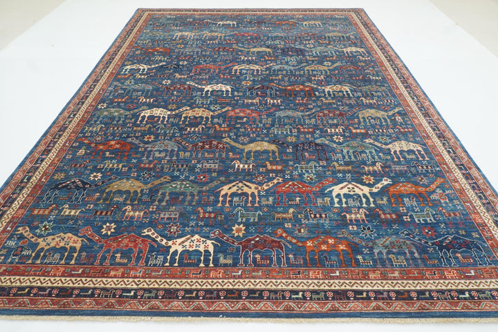 9x12 Blue Tribal Gabbeh Hand-Knotted Afghan Wool Animal Rug - Yildiz Rugs