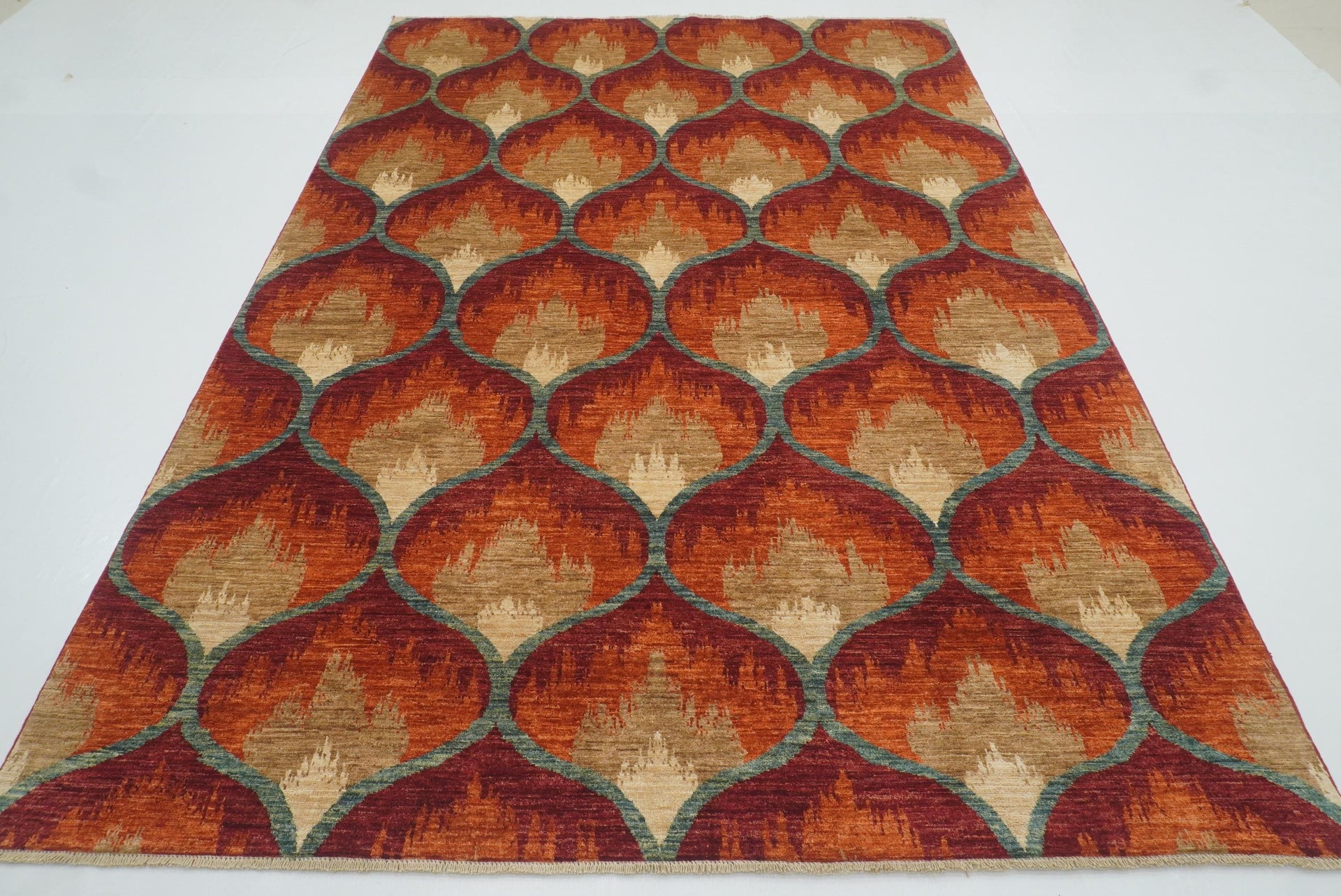 6'8"x9'8" Rust Orange Ikat Afghan Hand-Knotted Wool Rug - Yildiz Rugs