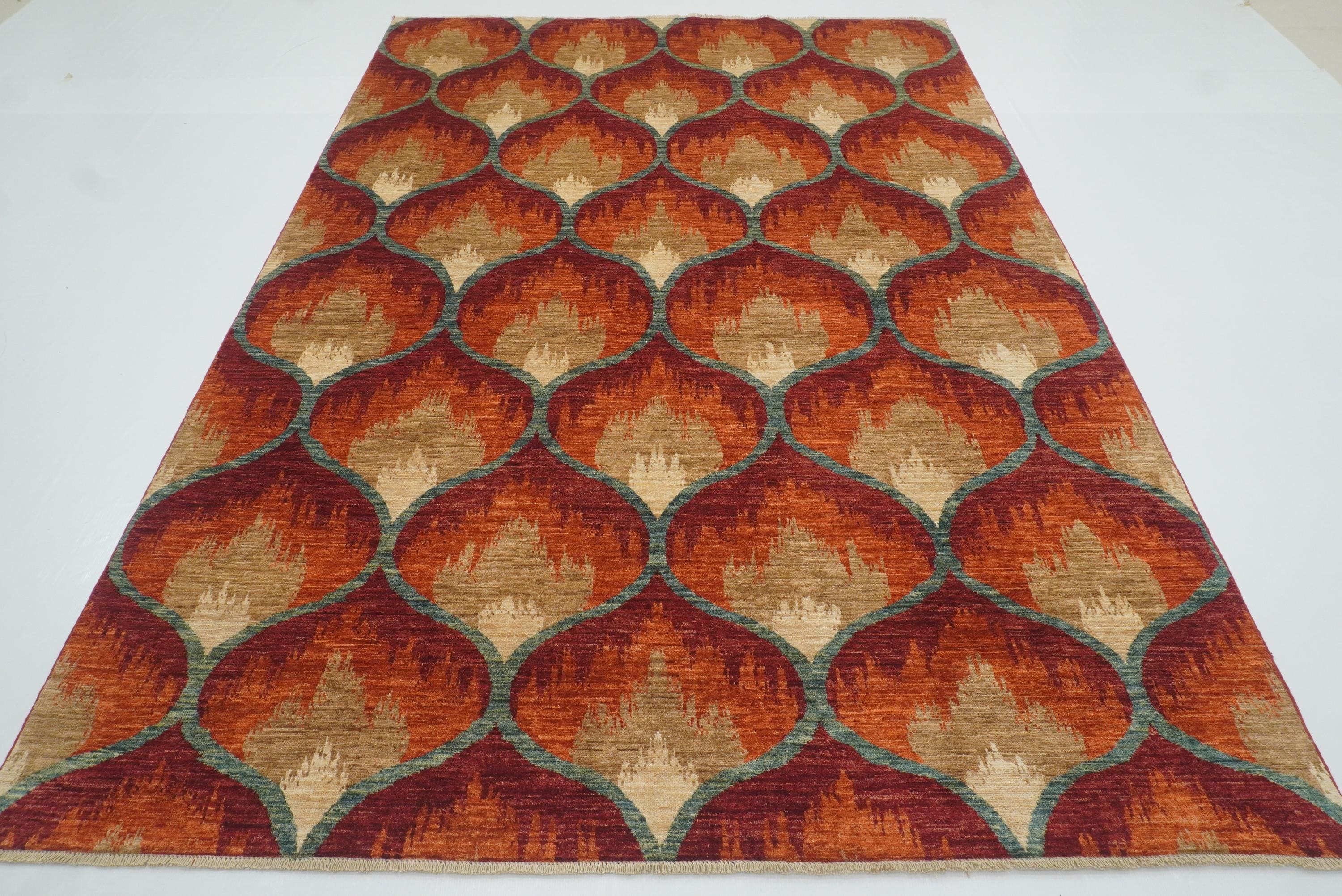 6'8"x9'8" Rust Orange Ikat Afghan Hand-Knotted Wool Rug - Yildiz Rugs