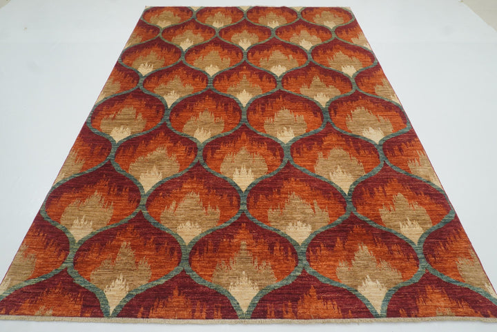 6'8"x9'8" Rust Orange Ikat Afghan Hand-Knotted Wool Rug - Yildiz Rugs