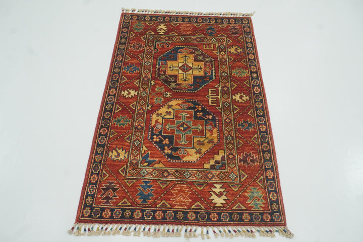 3x4 Red Ersari Hand Knotted Afghan Wool Oriental Rug - Yildiz Rugs