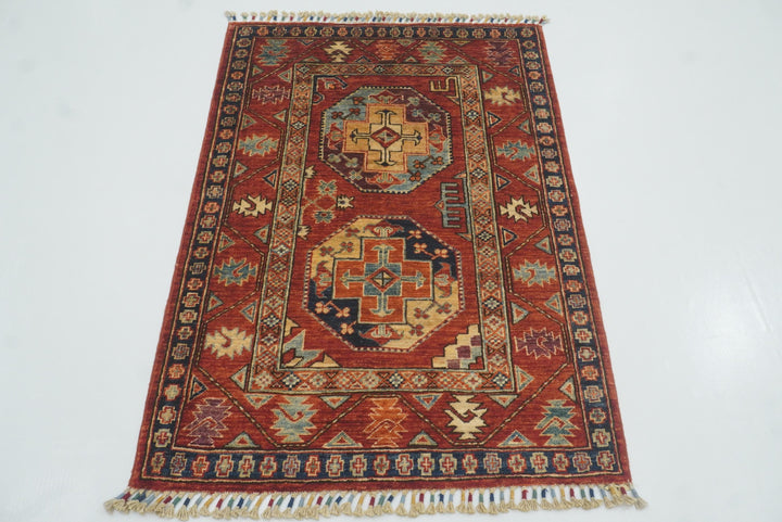 3x4 Red Ersari Hand Knotted Afghan Wool Oriental Rug - Yildiz Rugs