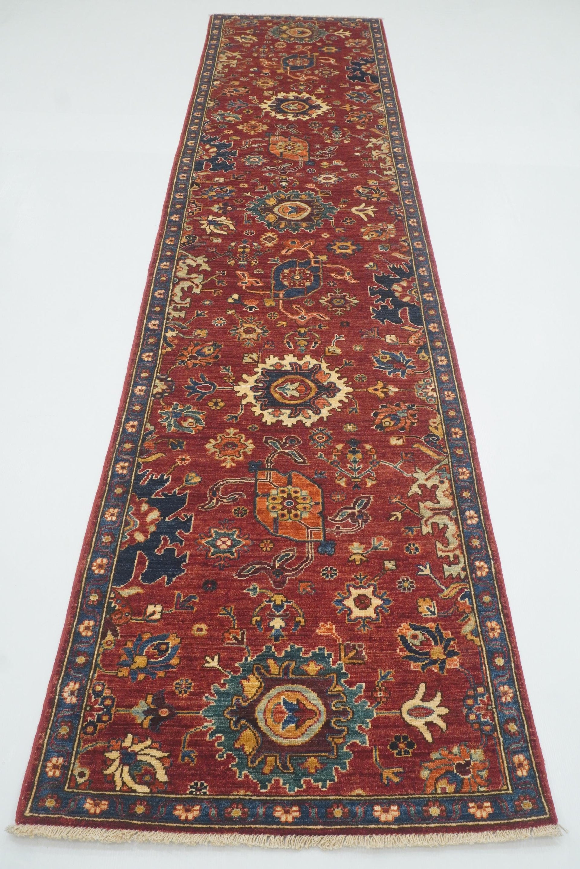 2'8"x11'8" Red Hand Knotted Afghan Oriental Runner Rug