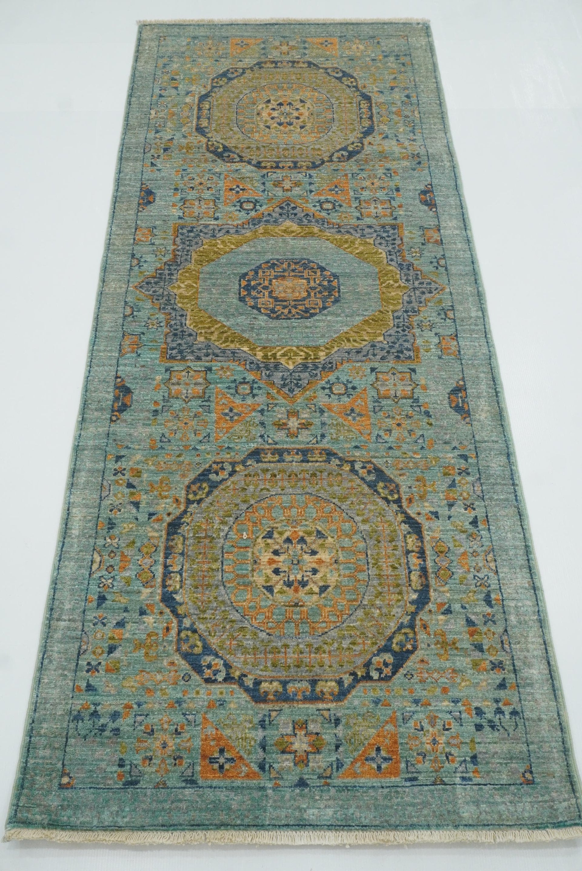 7 ft Mamluk Light Blue Hand-Knotted Runner Rug