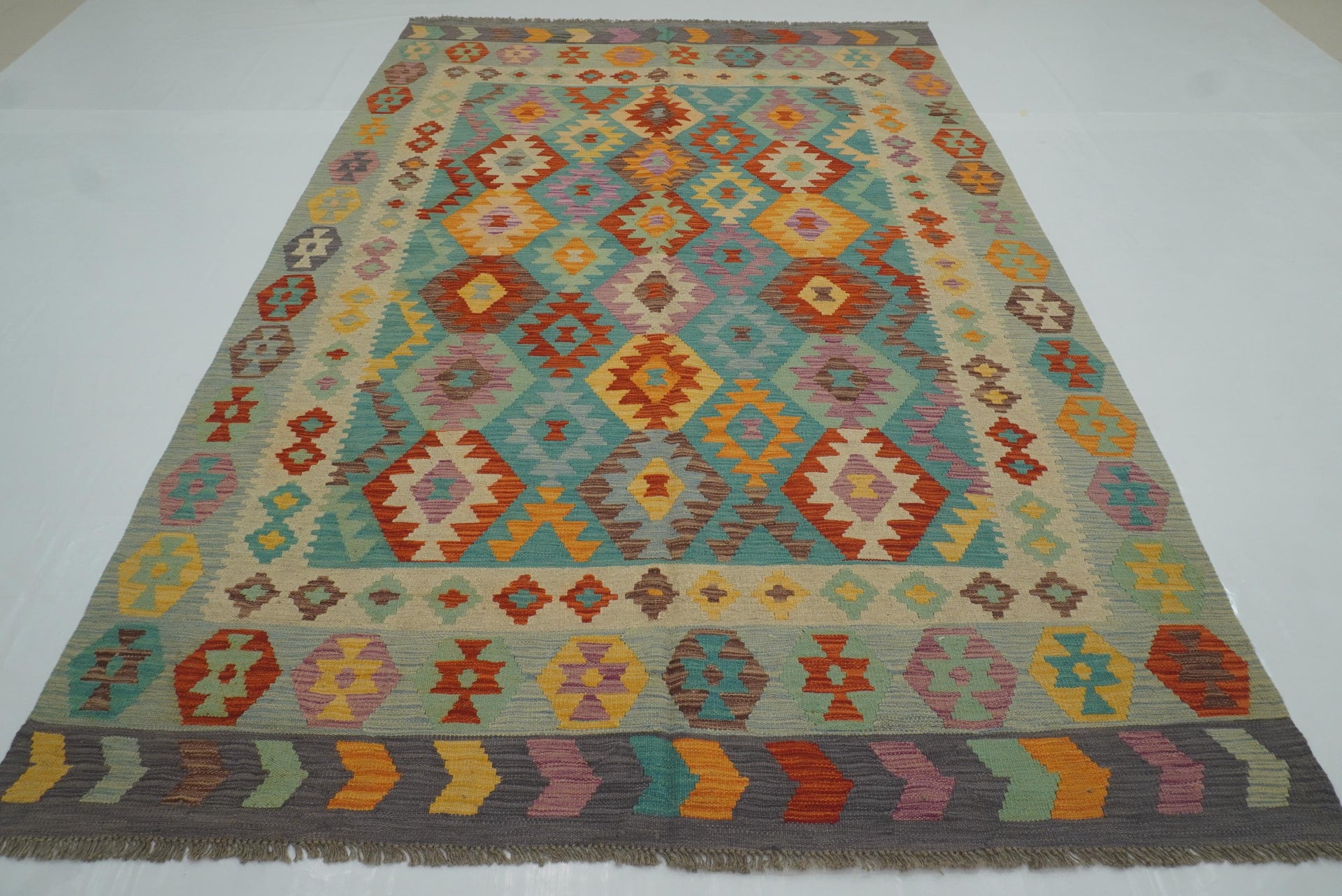 6'8"x9'10" Blue Gray Afghan Handmade Wool Kilim Rug