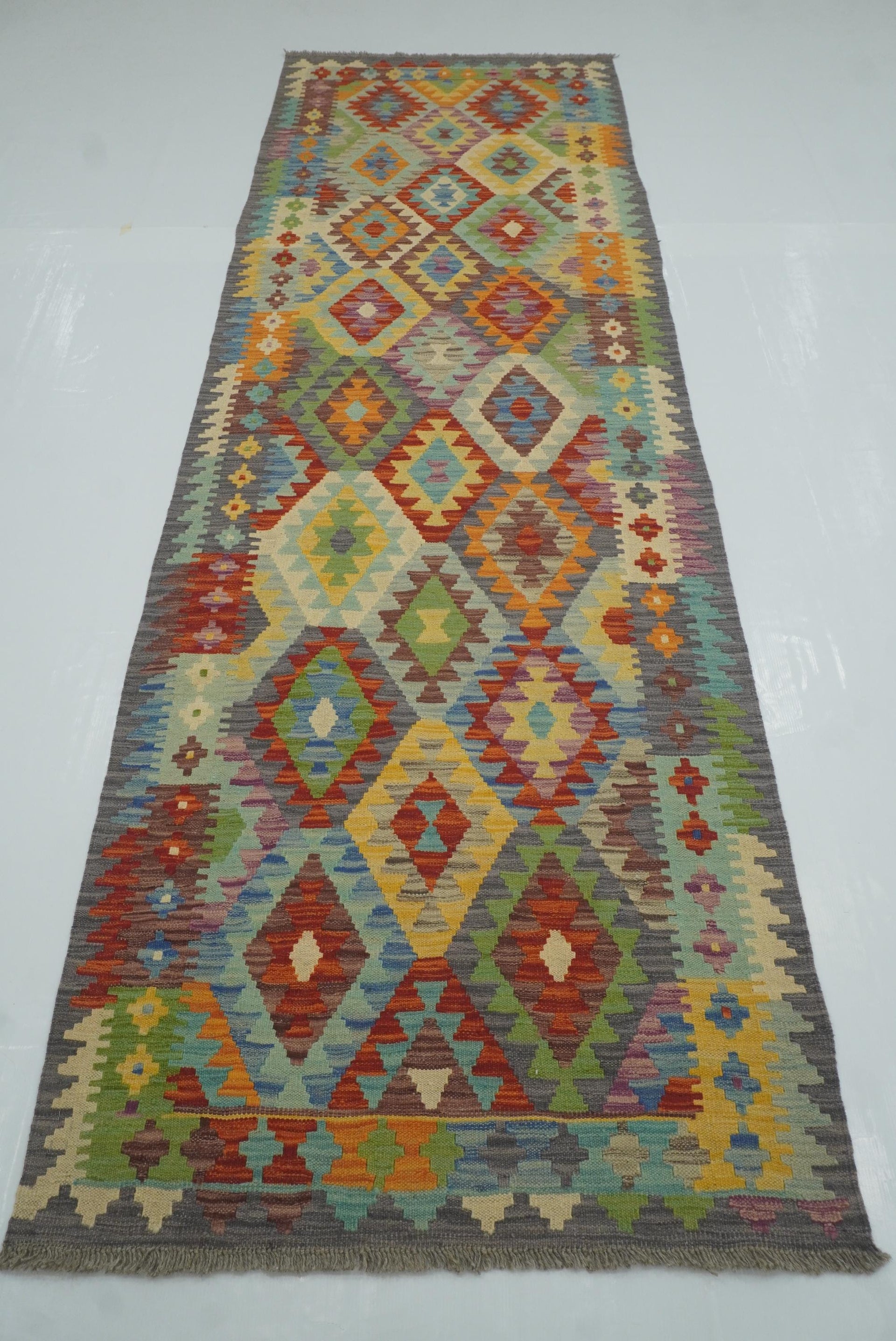 3x10 Gray Afghan Handmade Wool Kilim Runner Rug - Yildiz Rugs