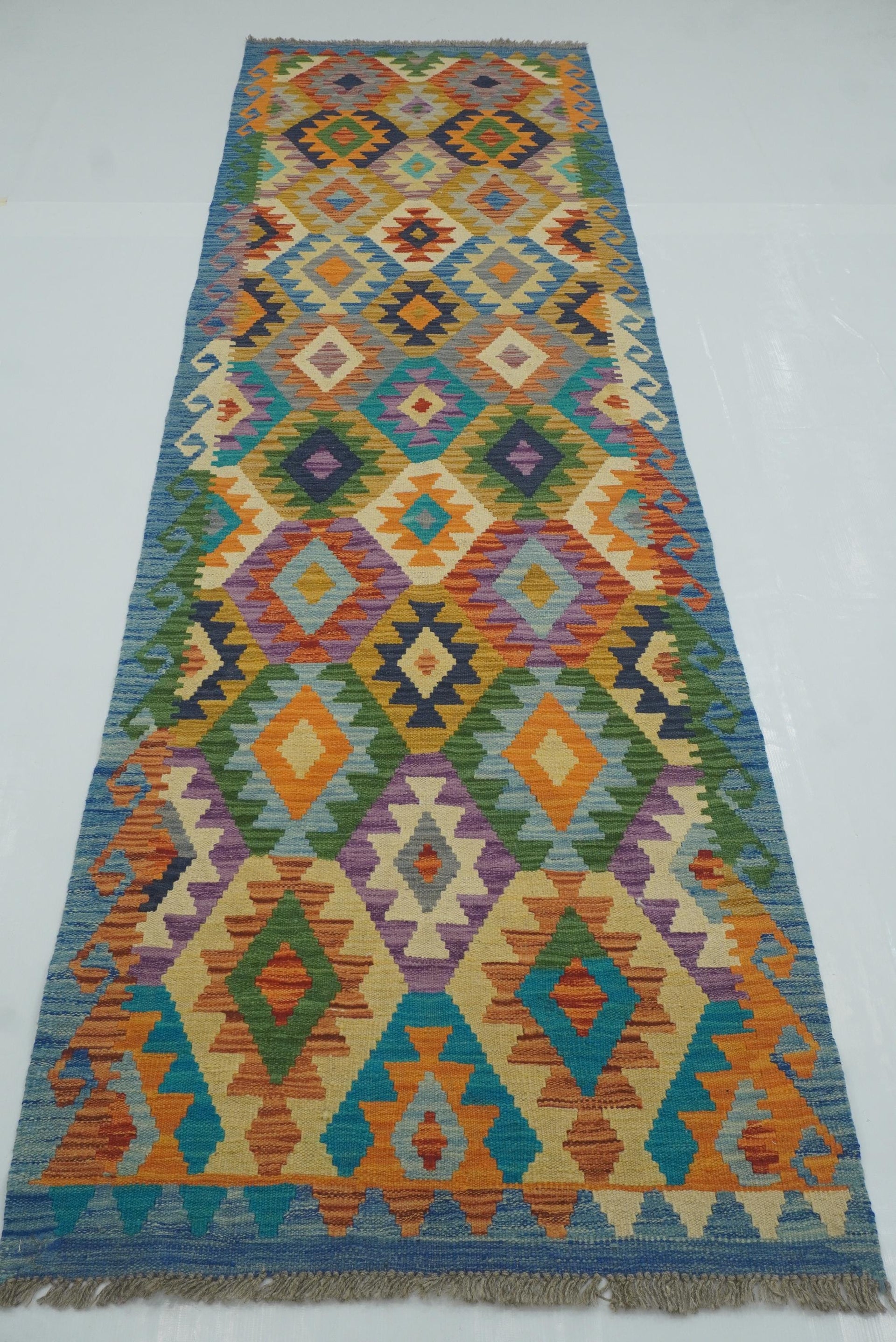 3x10 Blue Afghan Handmade Wool Kilim Runner Rug