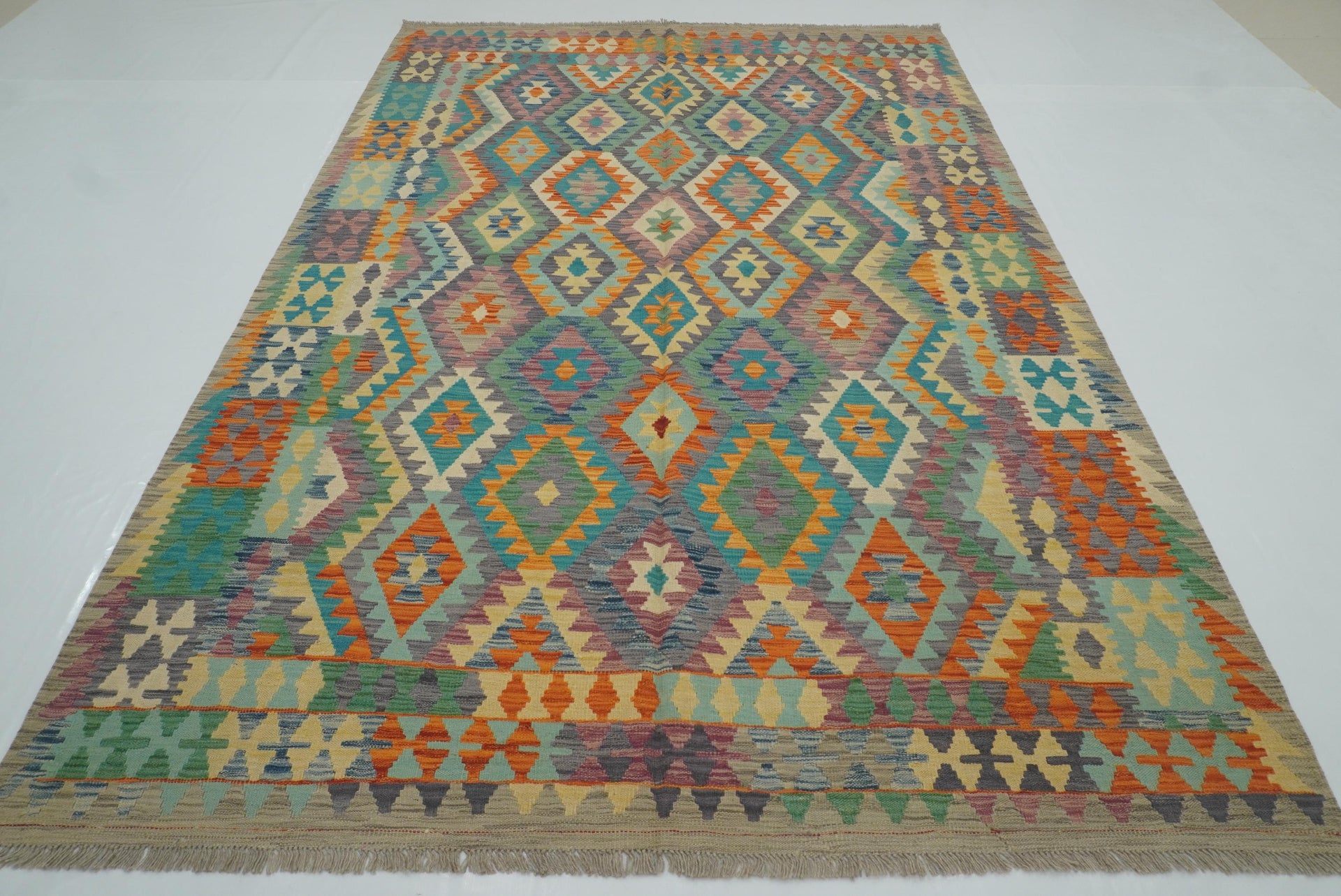 6'8"x9'9" Gray Afghan Handmade Wool Kilim Rug