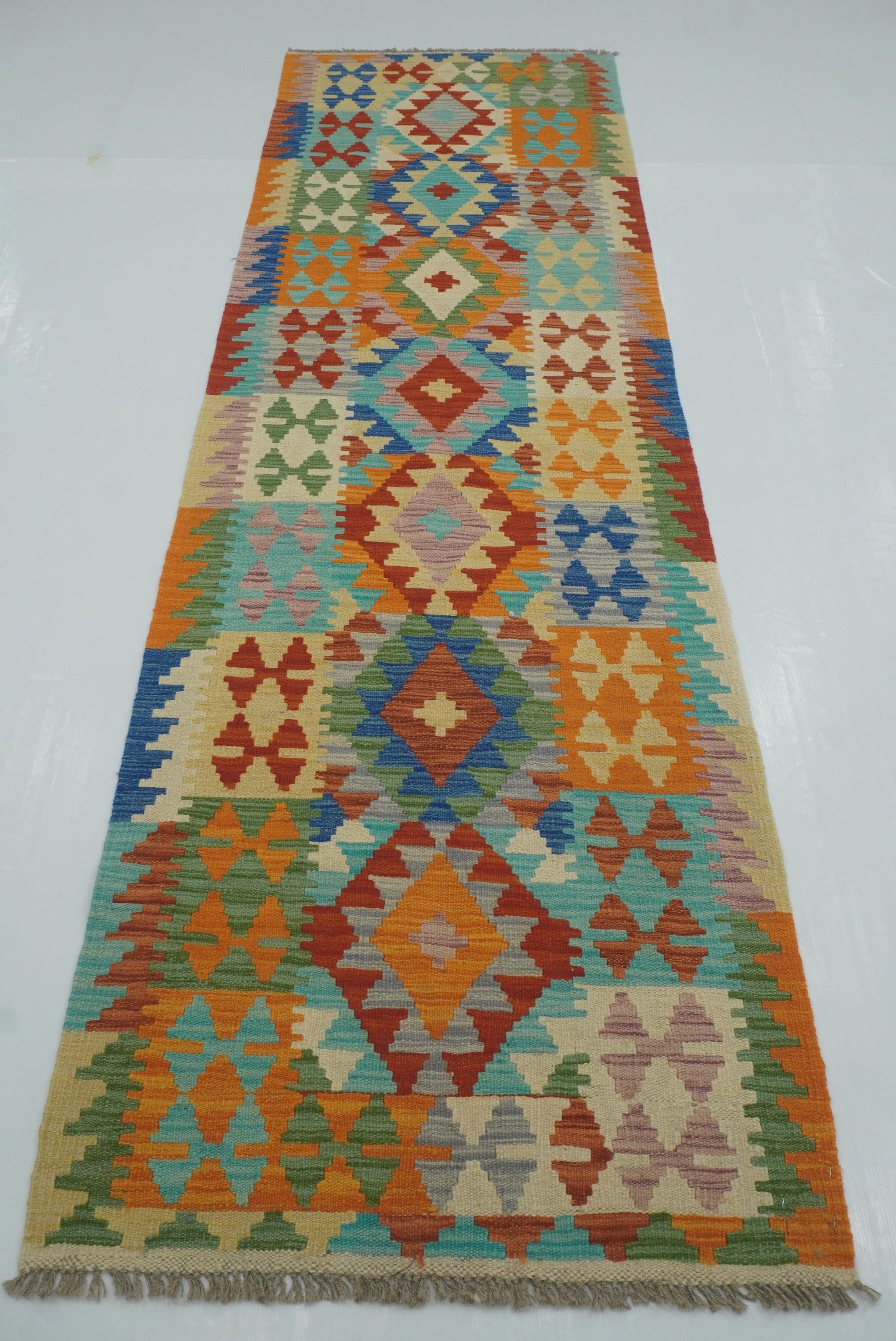 3x10 Multicolor Afghan Handmade Wool Kilim Runner Rug - Yildiz Rugs