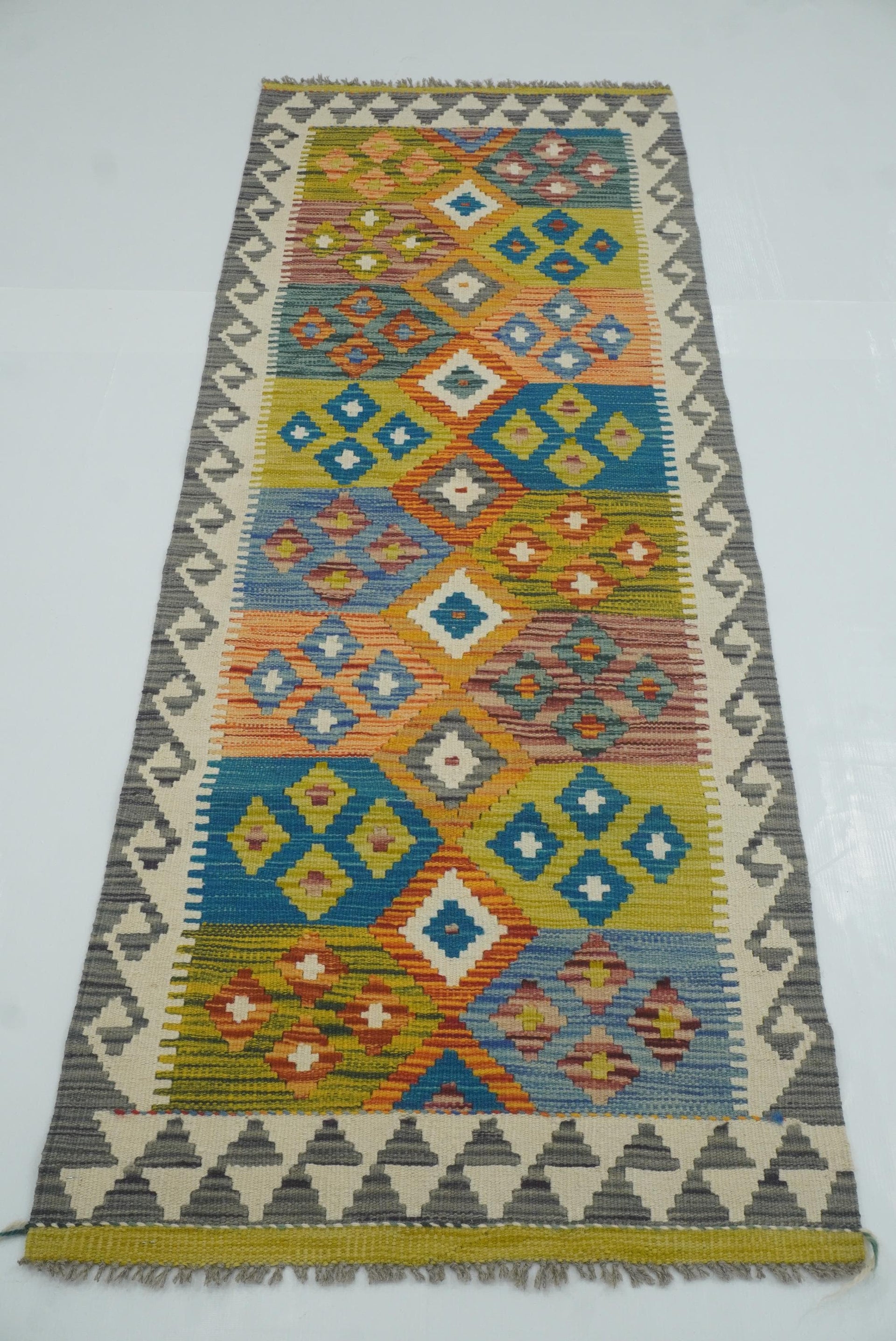 2x6 Green Afghan Handmade Wool Kilim Runner Rug