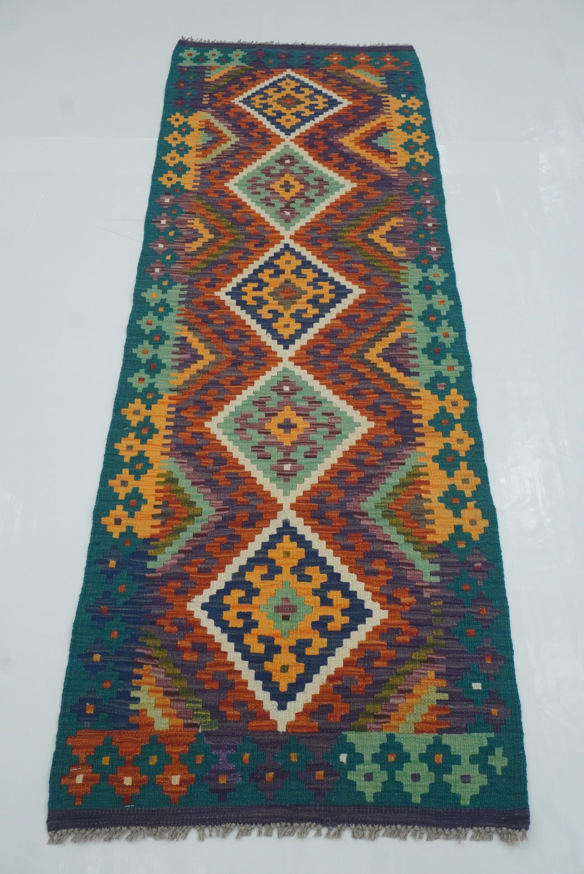 2x7 Red Blue Afghan Handmade Wool Kilim Runner Rug