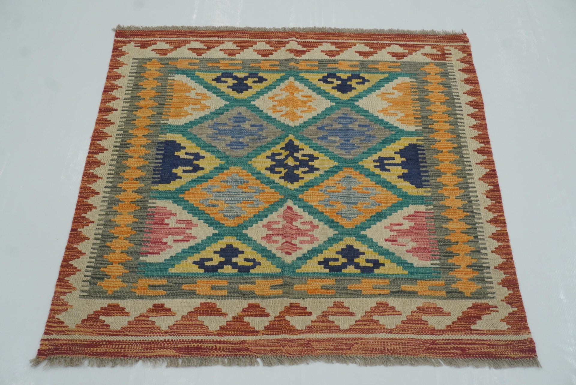3x3 Blue Afghan Handmade Wool Square Kilim Rug