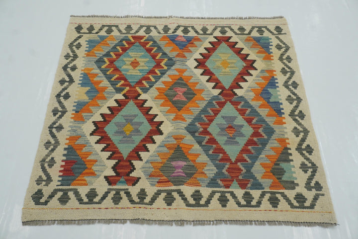 3x3 Beige Afghan Handmade Wool Square Kilim Rug - Yildiz Rugs