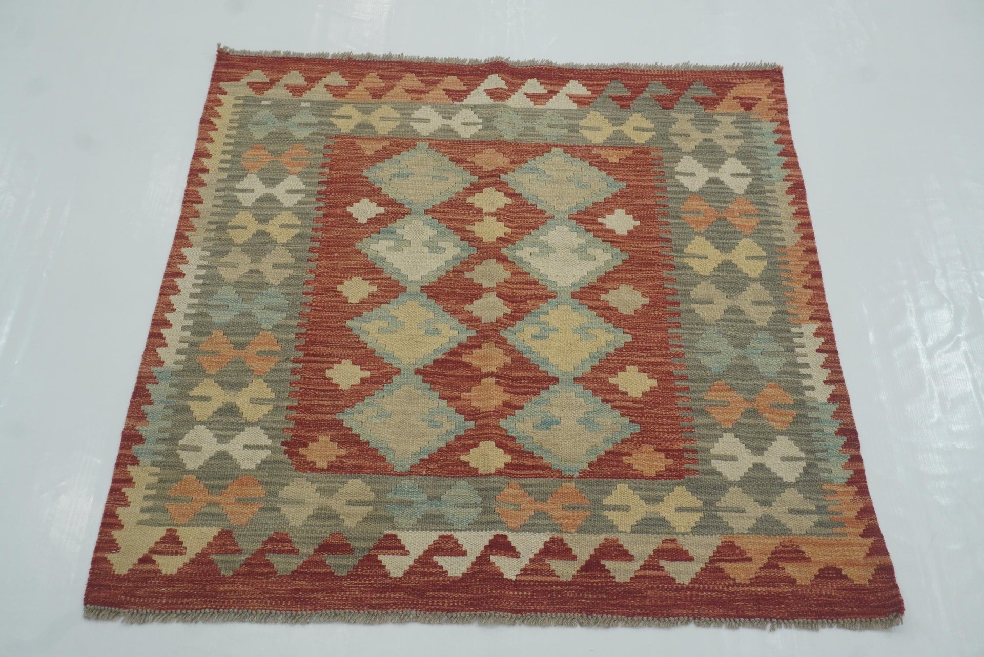 3x3 Red Afghan Handmade Wool Square Kilim Rug