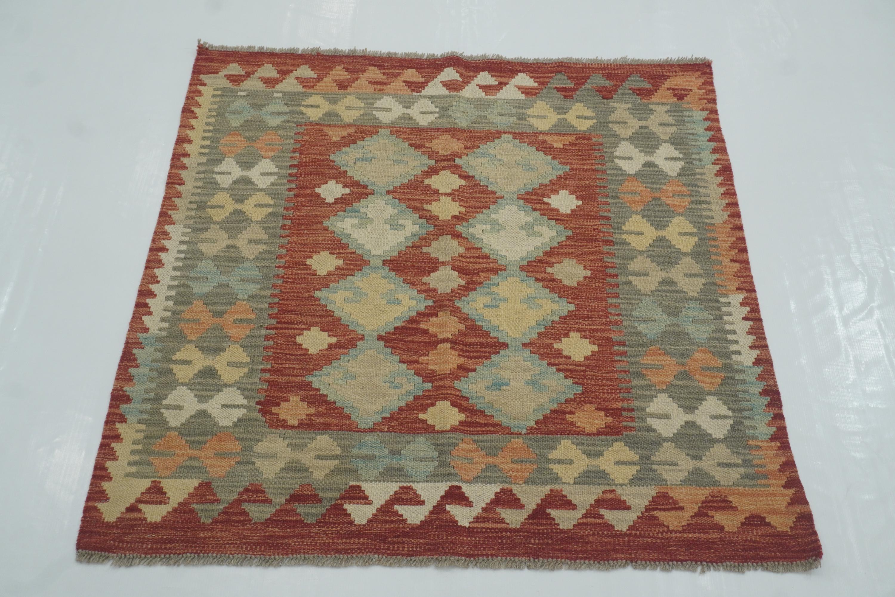 3x3 Red Afghan Handmade Wool Square Kilim Rug - Yildiz Rugs