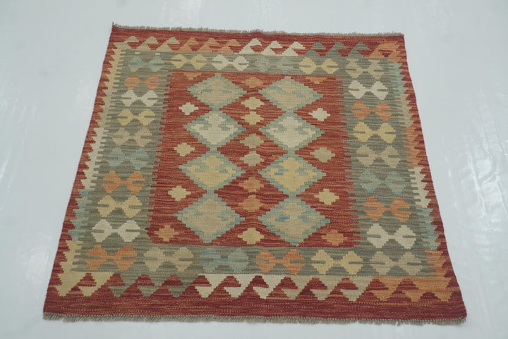 3x3 Red Afghan Handmade Wool Square Kilim Rug - Yildiz Rugs