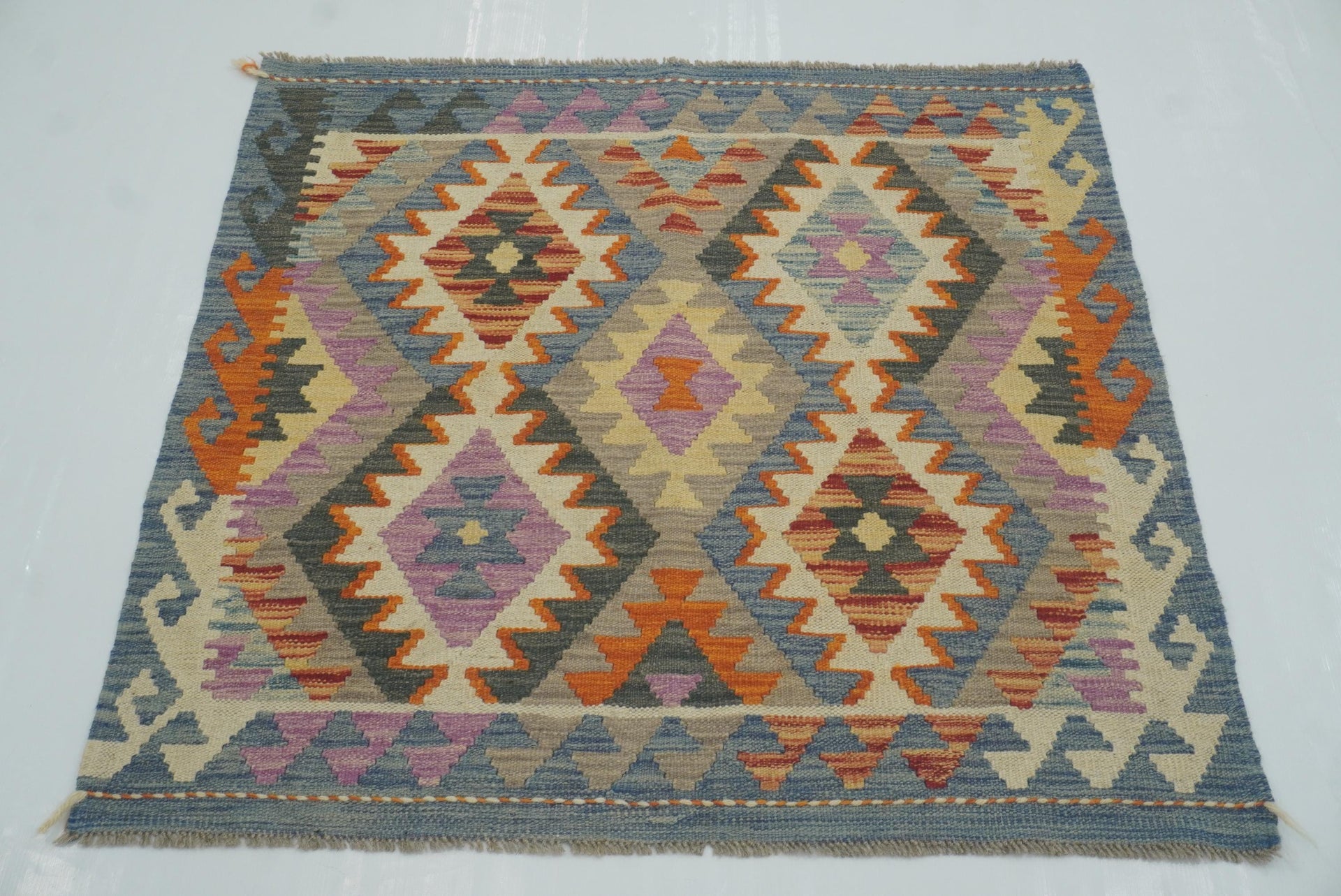 3x3 Blue Afghan Handmade Wool Square Kilim Rug