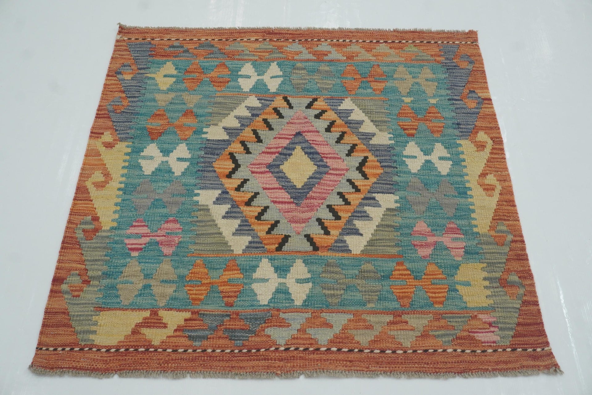 3x3 Blue Red Afghan Handmade Wool Square Kilim Rug