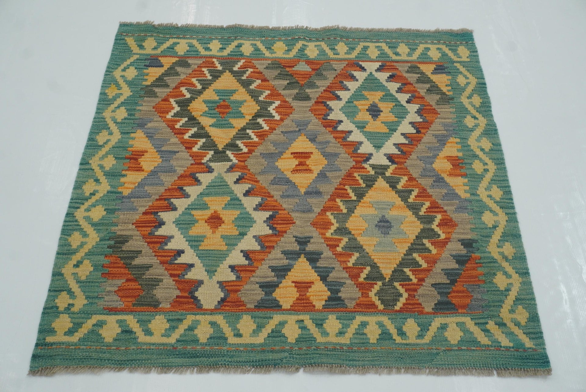 3x3 Red Blue Afghan Handmade Wool Square Kilim Rug
