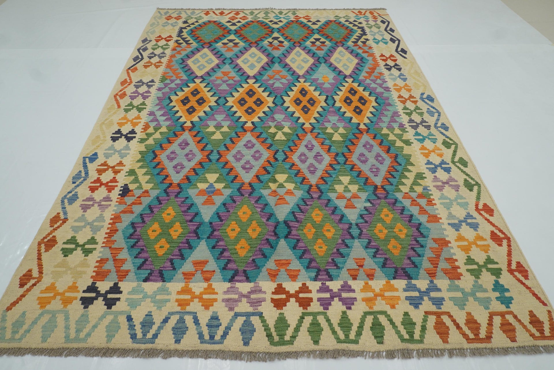 6'10"x9'8" Blue Ivory Afghan Handmade Wool Kilim Rug