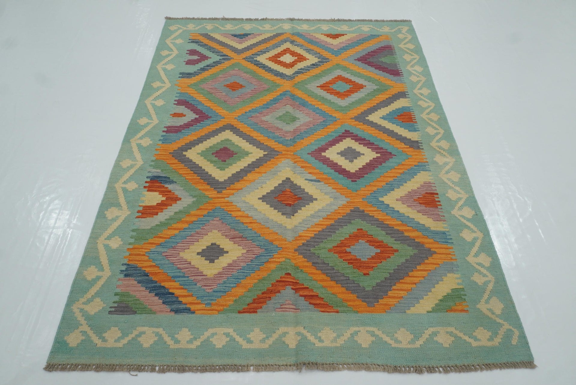 5x7 Orange Blue Afghan Handmade Wool Kilim Rug