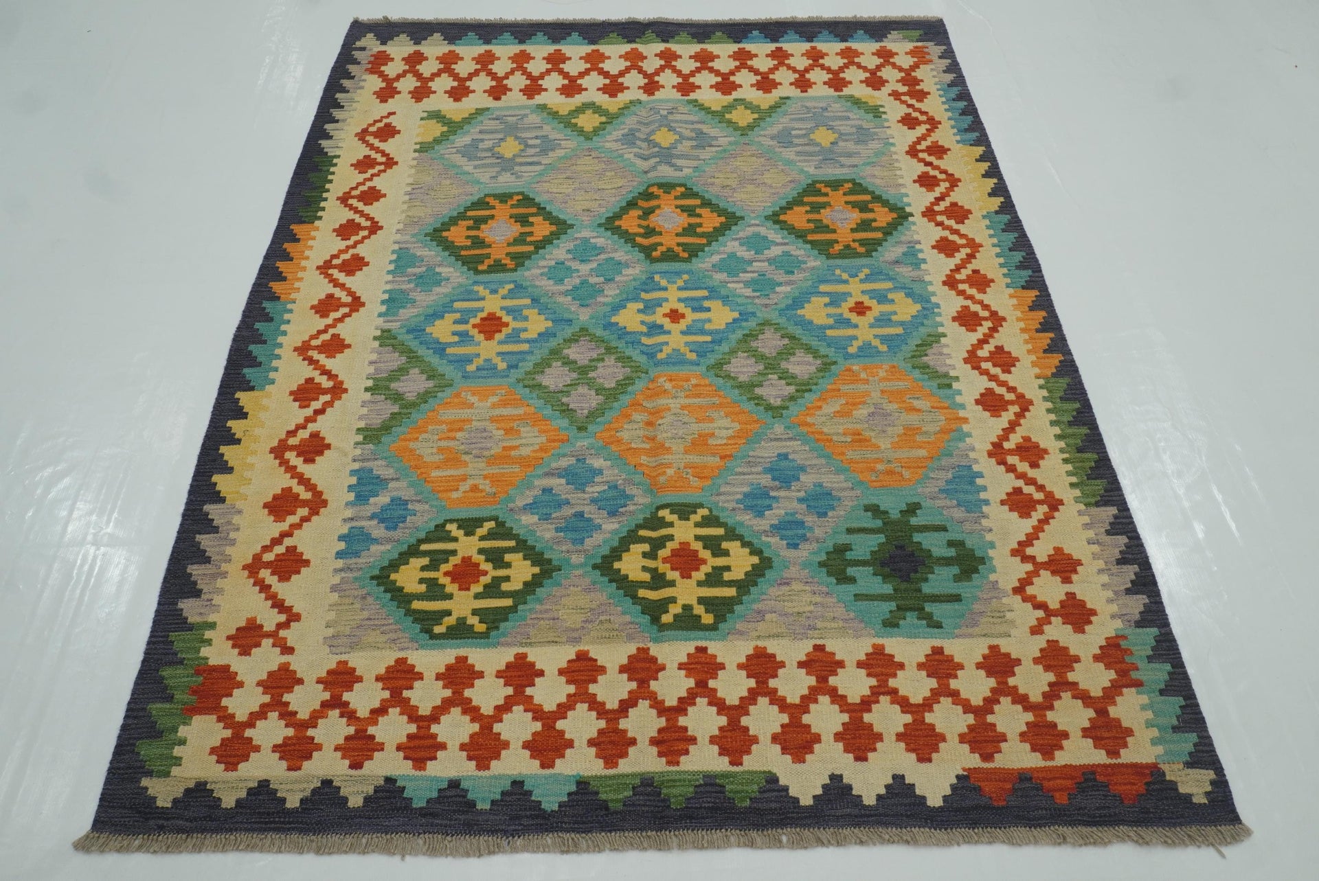 5x7 Turquoise Blue Afghan Handmade Wool Kilim Rug