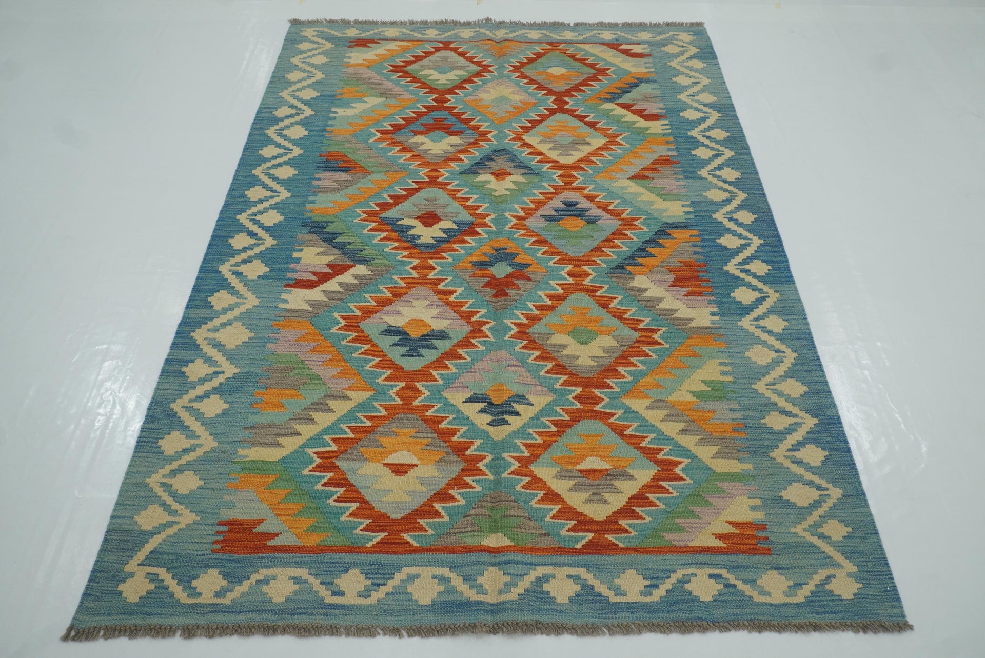 5x7 Blue Red Afghan Handmade Wool Kilim Rug