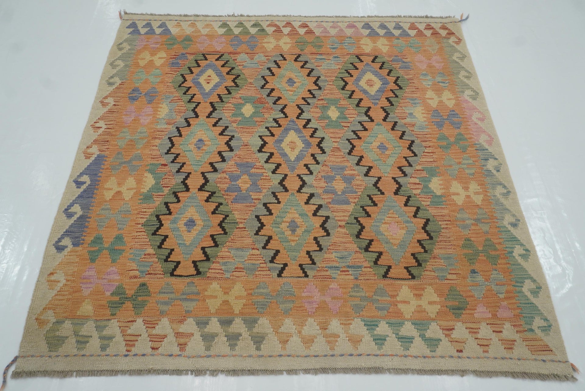 5x5 Peach Orange Afghan Handmade Wool Square Kilim Rug