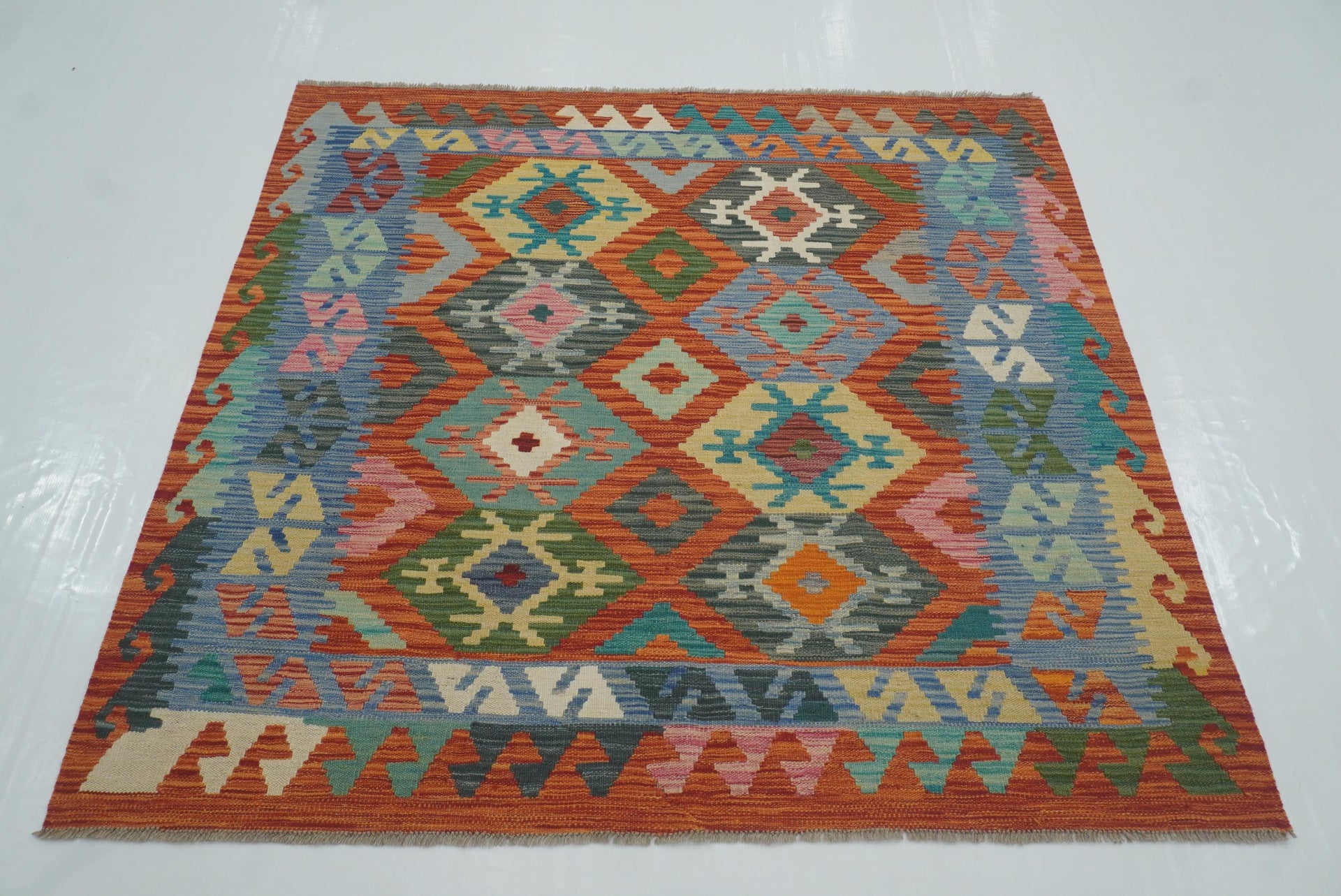5x5 Red Afghan Handmade Wool Square Kilim Rug