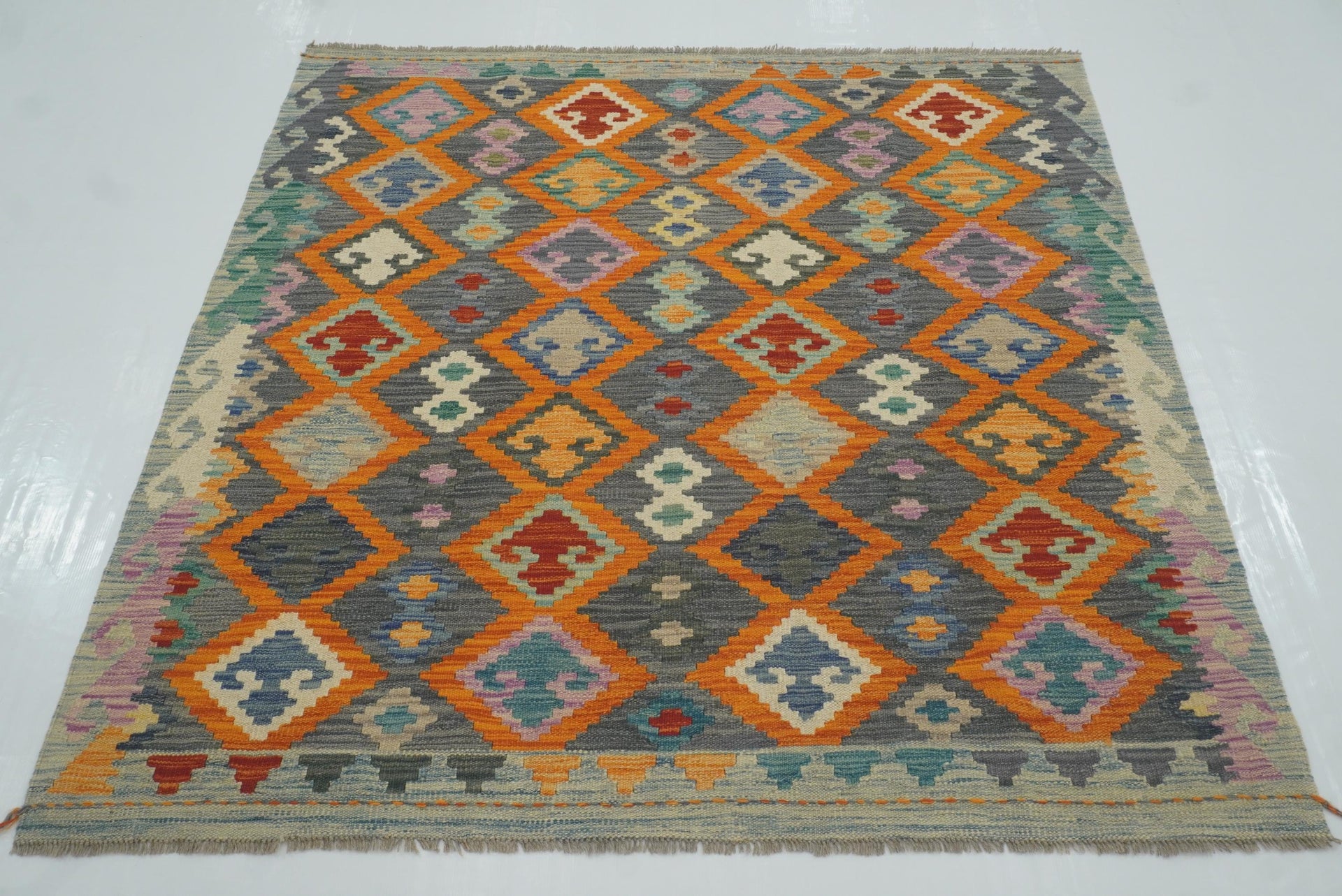 5x5 Orange Afghan Handmade Wool Square Kilim Rug