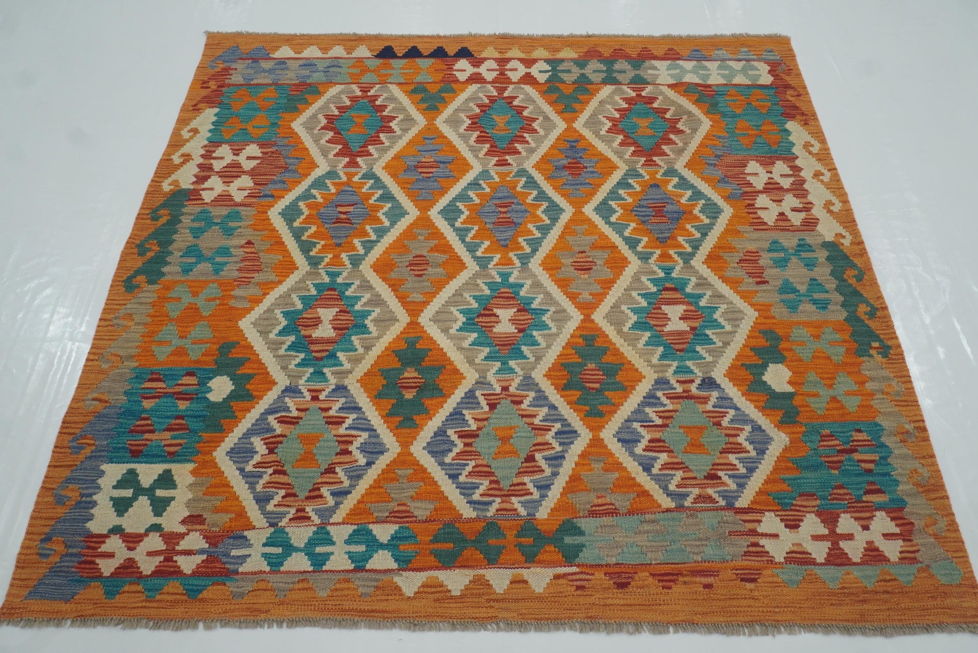 5x5 Orange Afghan Handmade Wool Square Kilim Rug