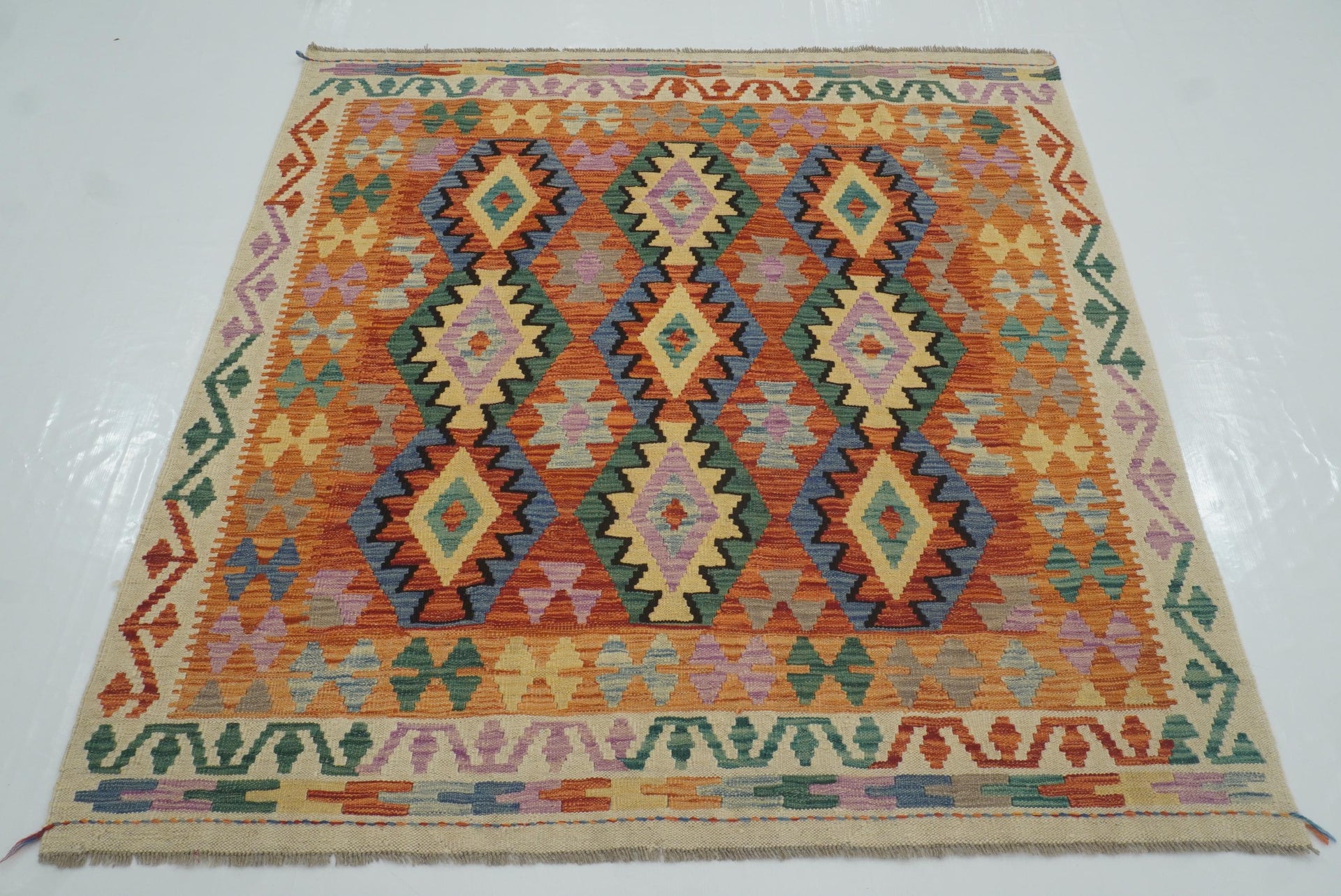 5x5 Red Afghan Handmade Wool Square Kilim Rug