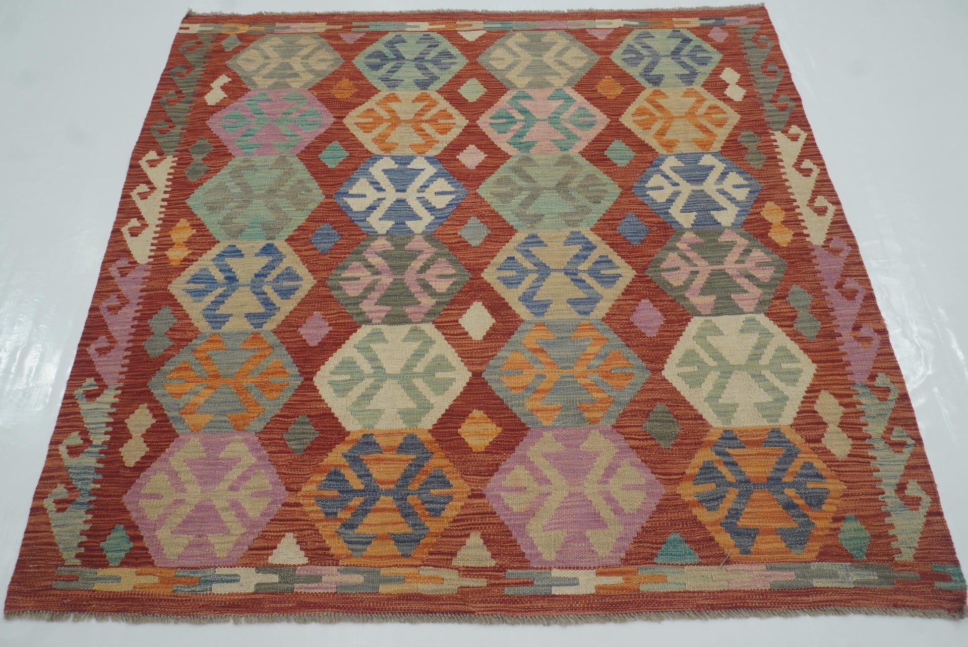 5x5 Red Afghan Handmade Wool Square Kilim Rug