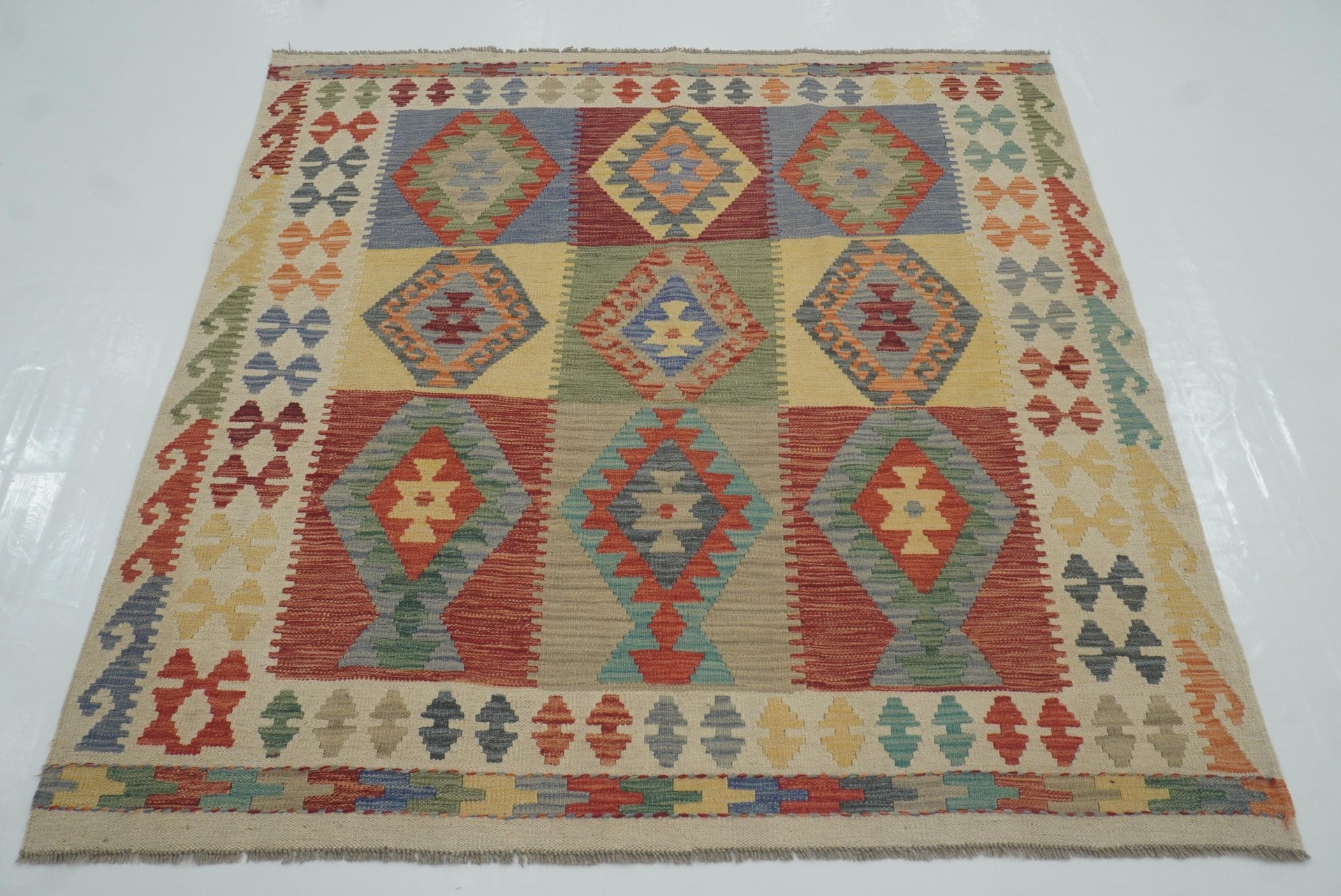 5x5 Ivory Beige Afghan Handmade Wool Square Kilim Rug