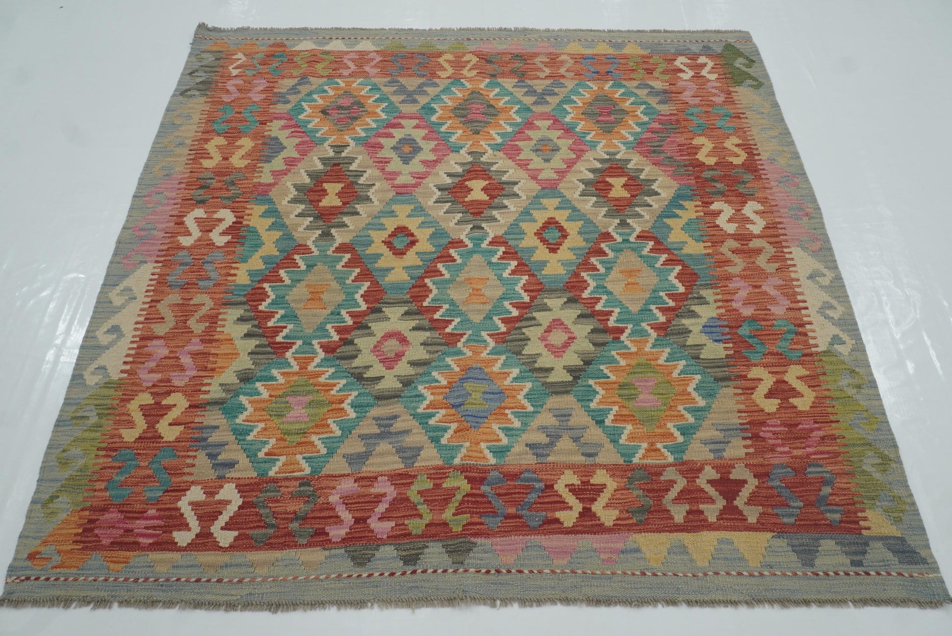 5x5 Blue Afghan Handmade Wool Square Kilim Rug