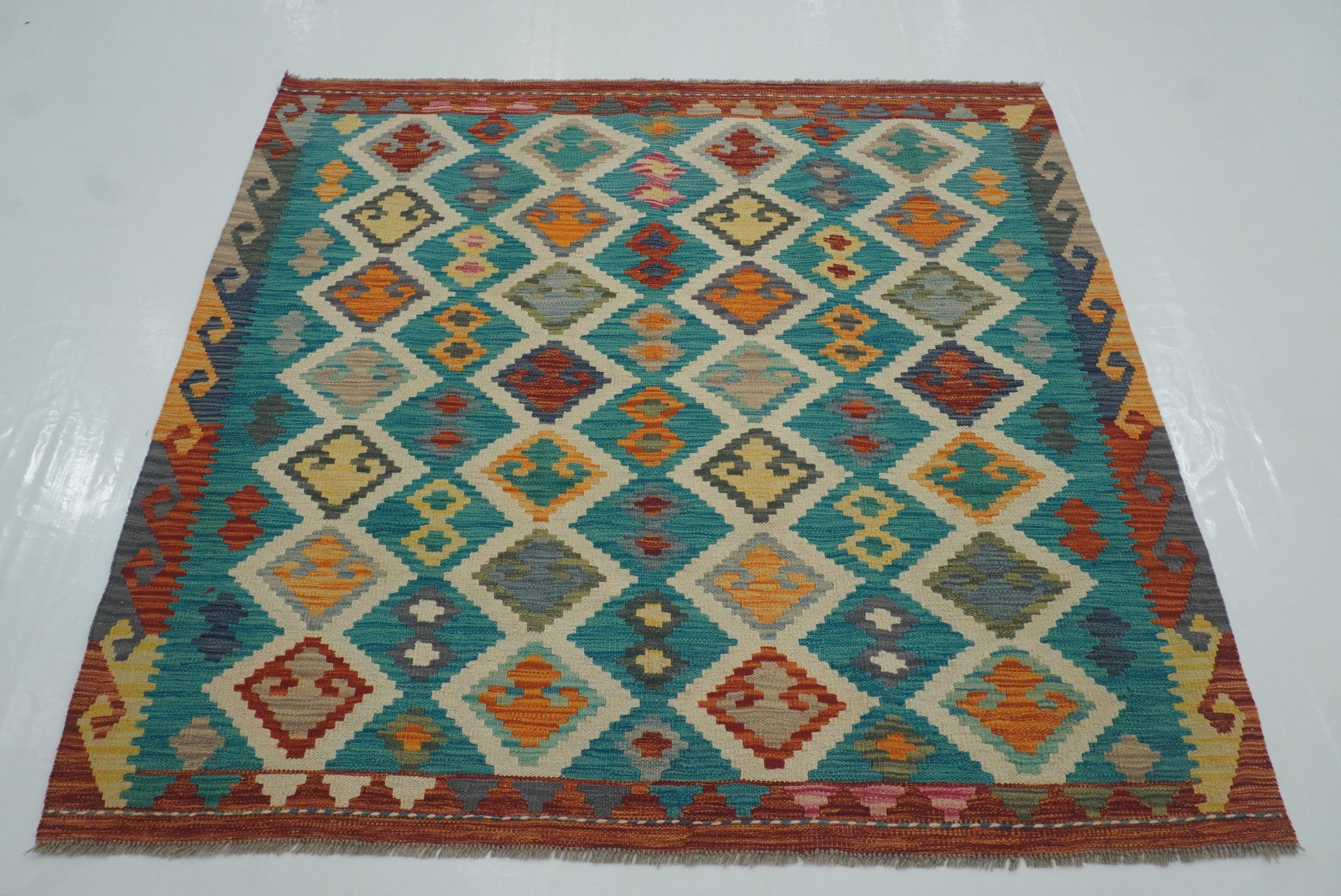 5x5 Turquoise Blue Afghan Handmade Wool Square Kilim Rug
