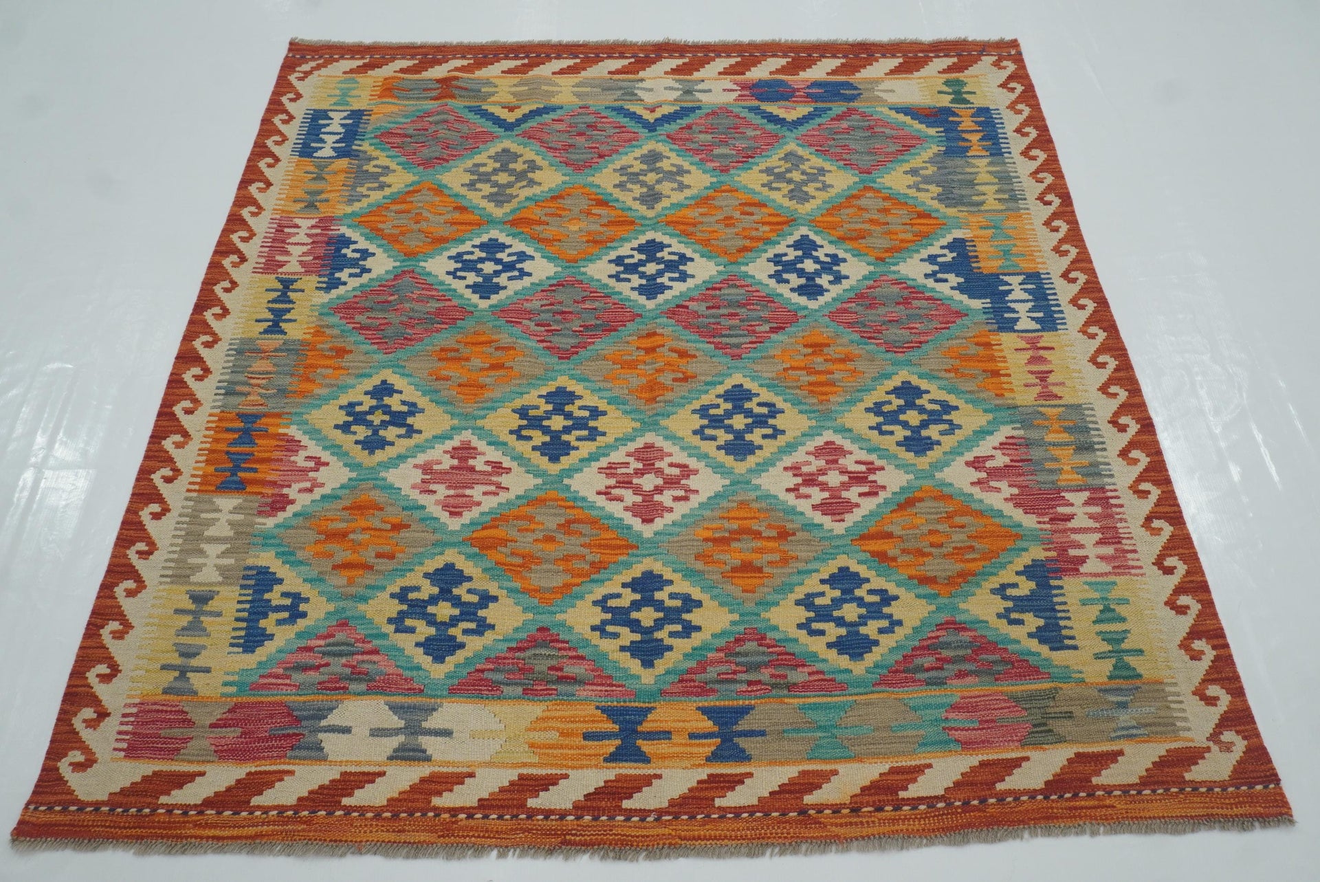 5x5 Blue Afghan Handmade Wool Square Kilim Rug