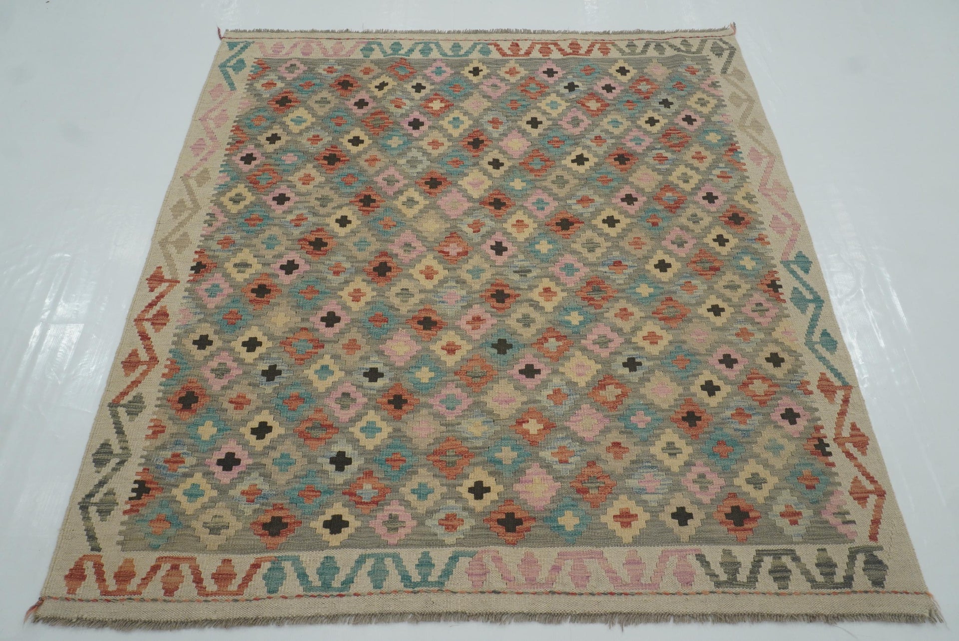 5x5 Gray Afghan Handmade Wool Square Kilim Rug