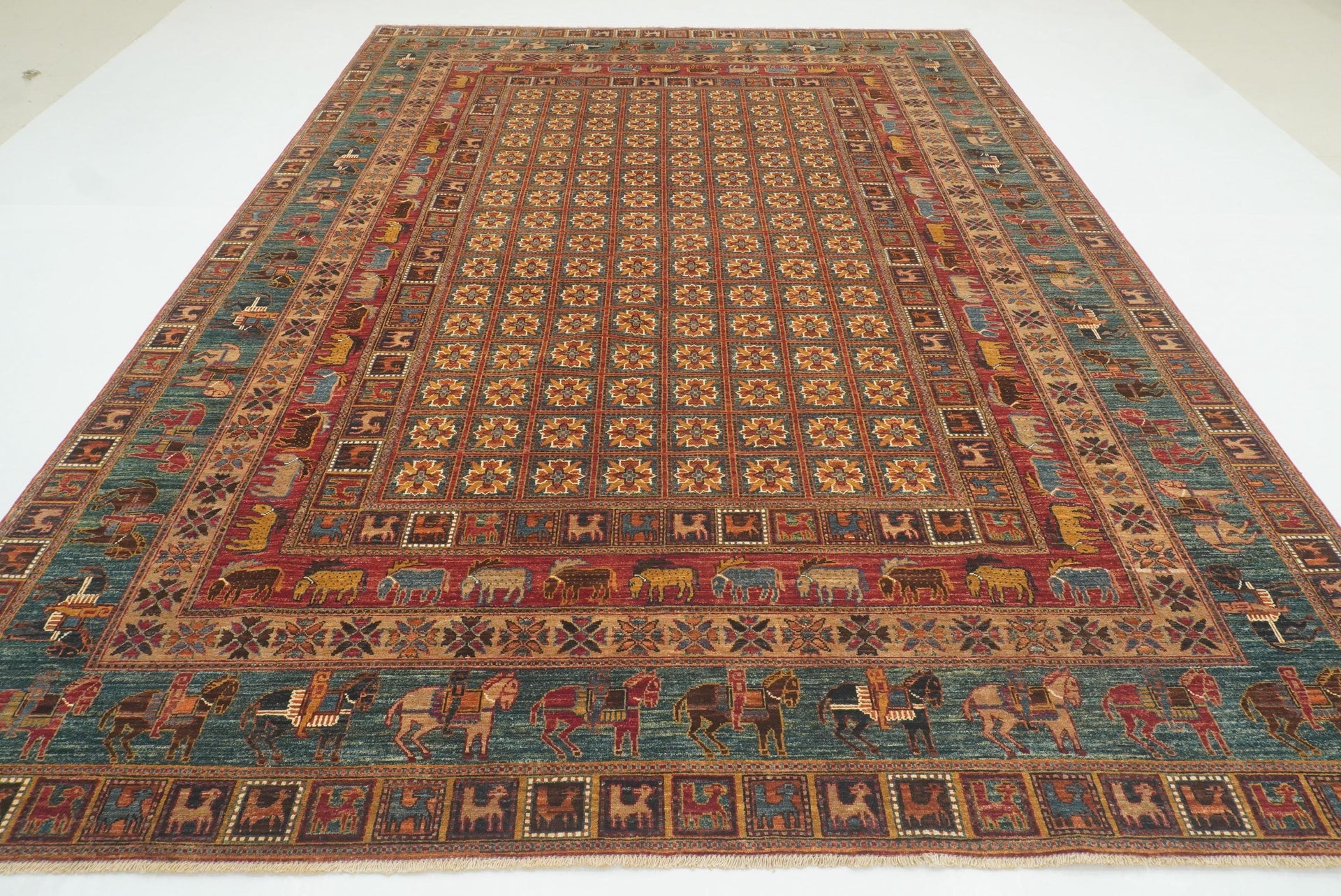 9x12 Red Pazyryk Afghan Hand-Knotted Wool Tribal Rug